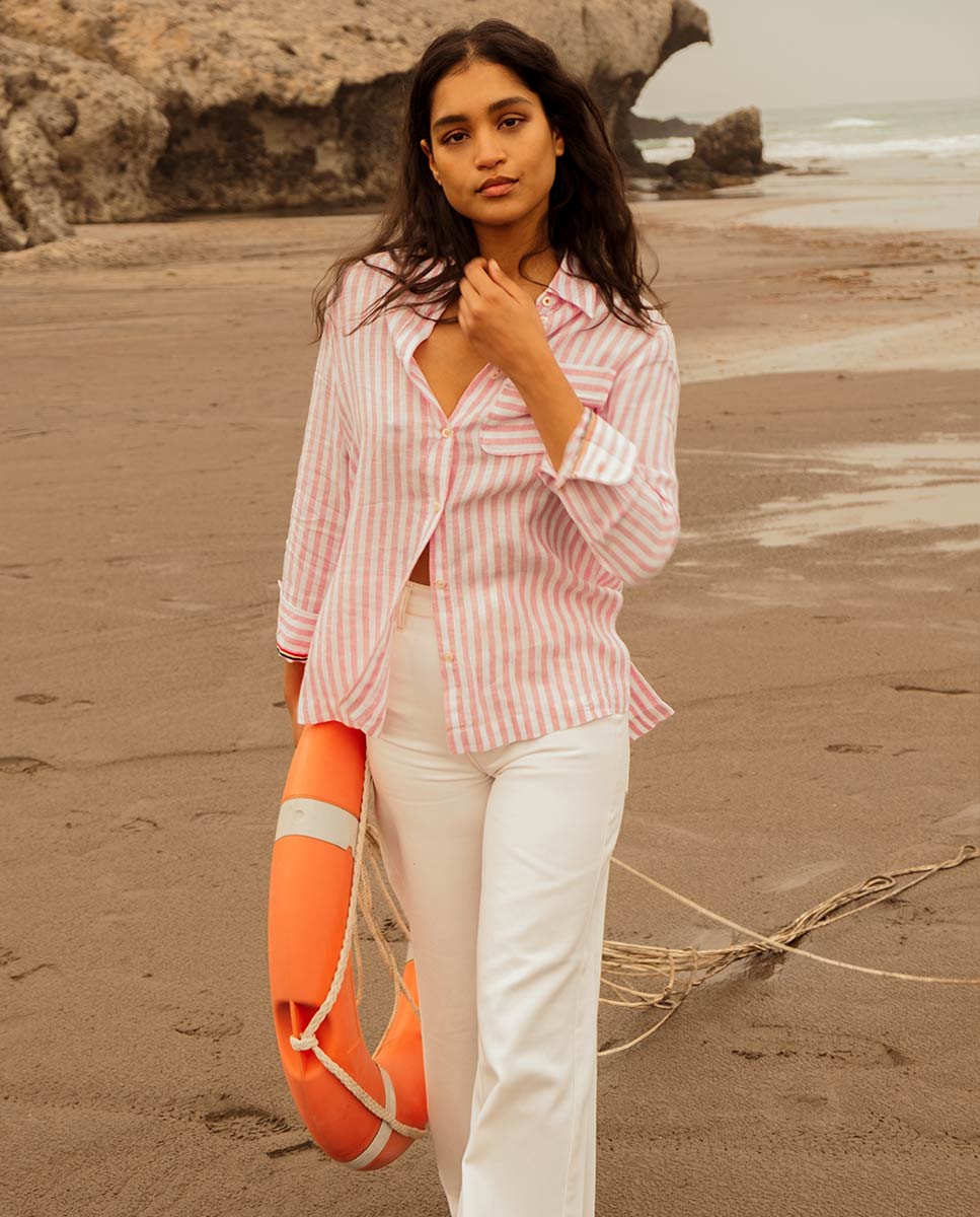 Pink White Striped Linen Shirt