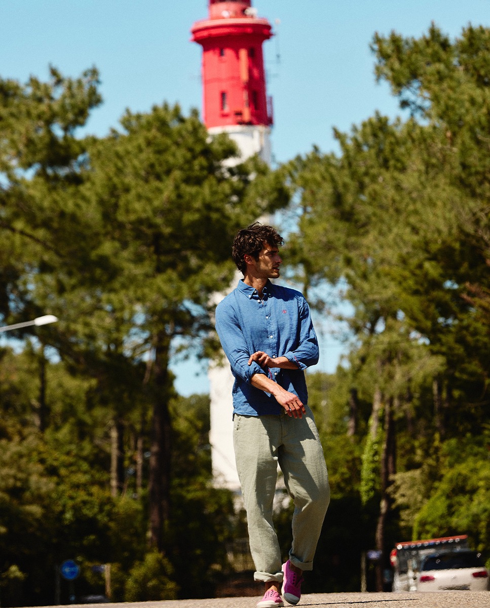 Stretchy Garment Dyed Green Linen Trousers