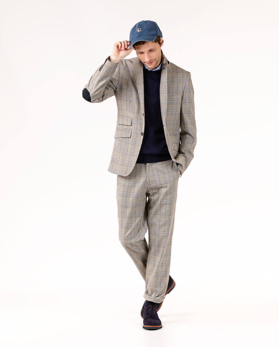 Brown Prince of Whales Check Blazer W Blue Outline