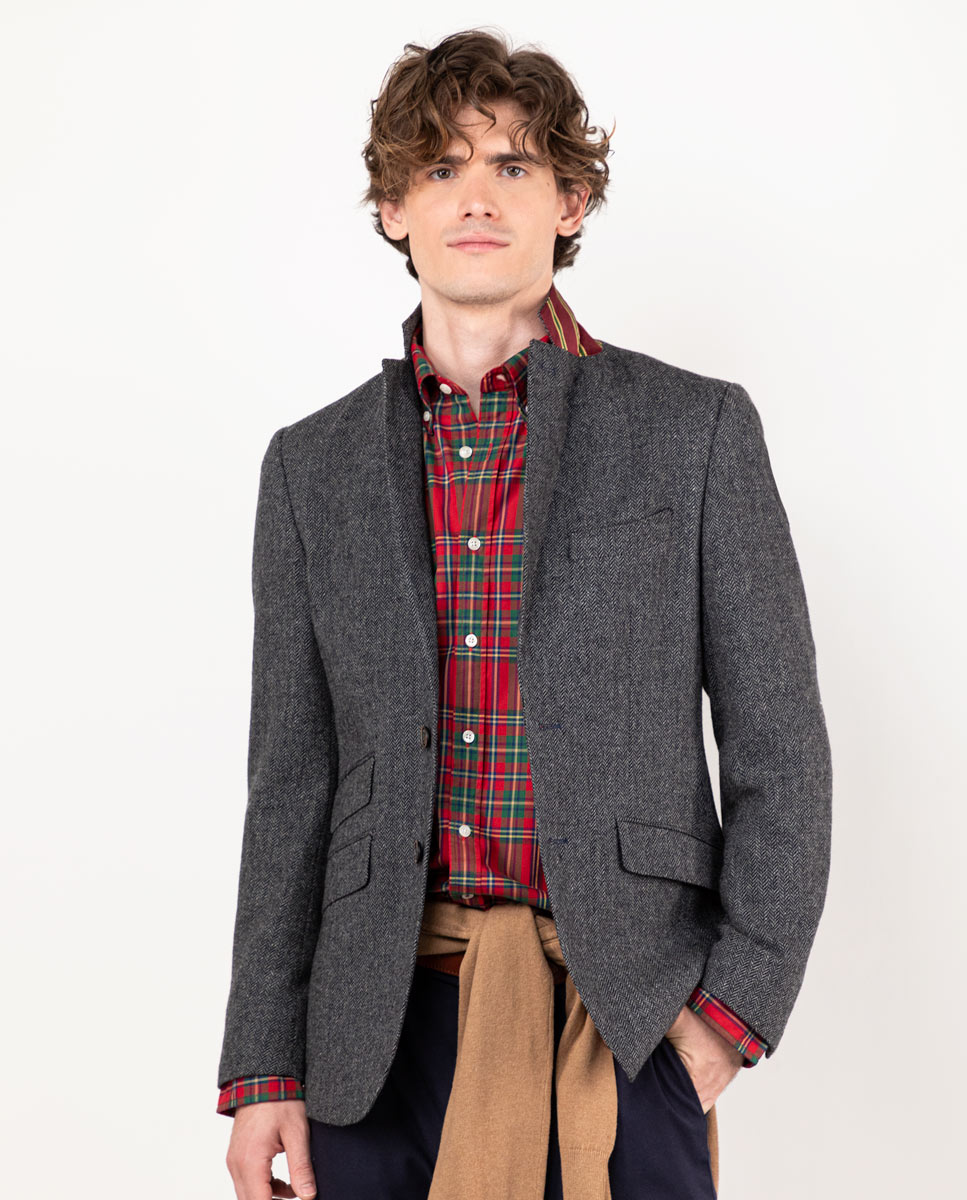 Grey Herringbone Wool Blazer