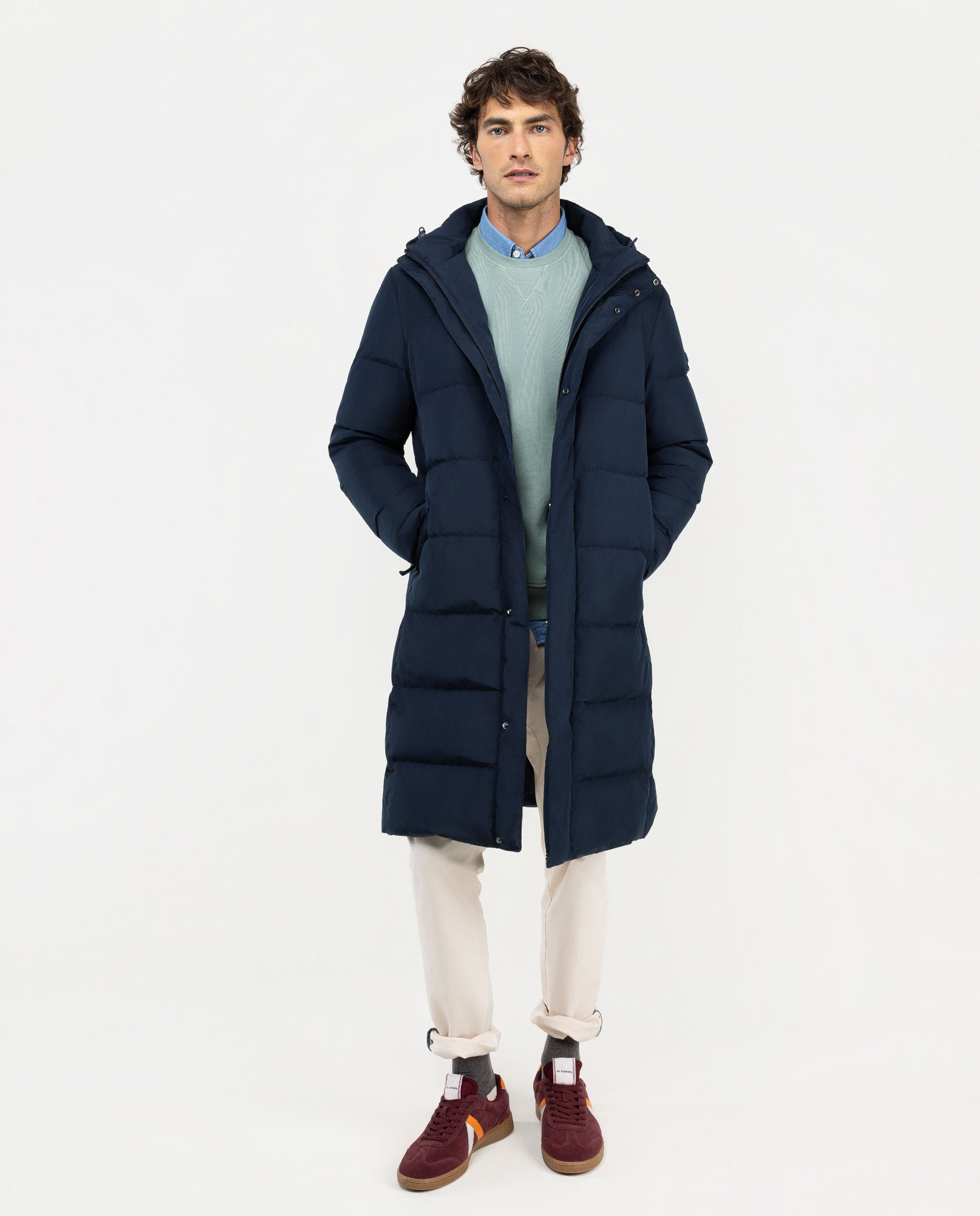 Casaco de plumas extra longo azul marinho