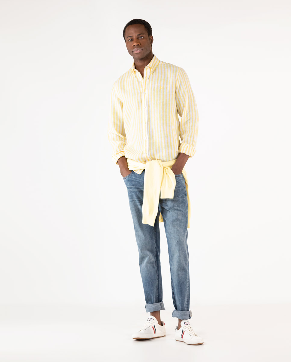 White and Yellow Striped Linen Shirt