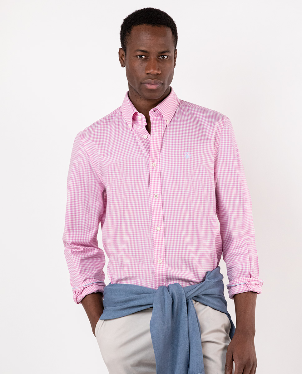 Camisa xadrez rosa pin point