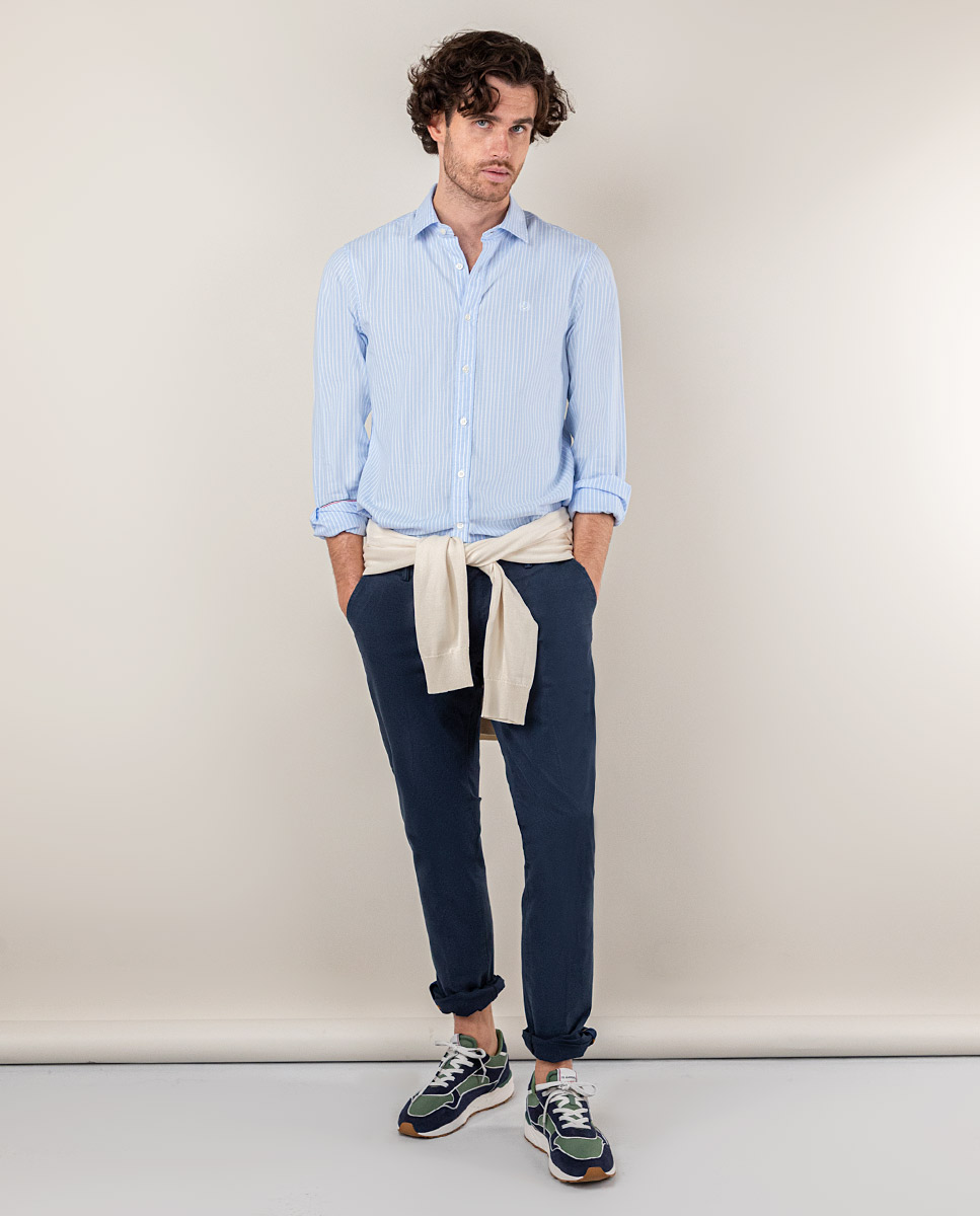 Hemd Pin Point Gestreift Butcher Oxford Himmelblau