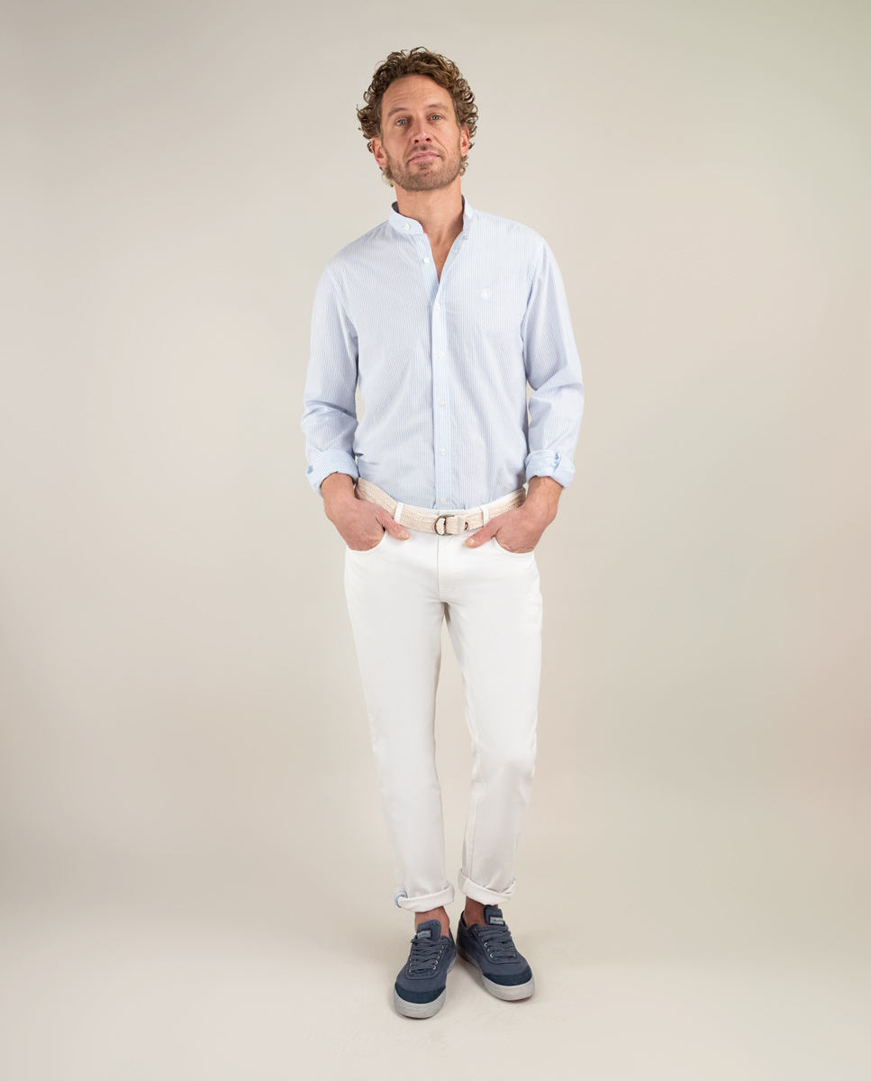 Camisa Seersucker Raya Celeste Cuello Mao