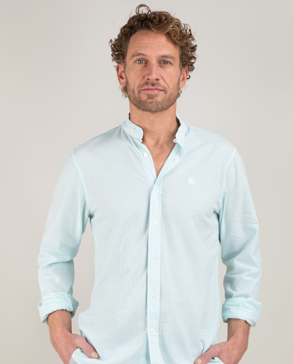 Camisa Seersucker Raya Aguamarina Cuello Mao