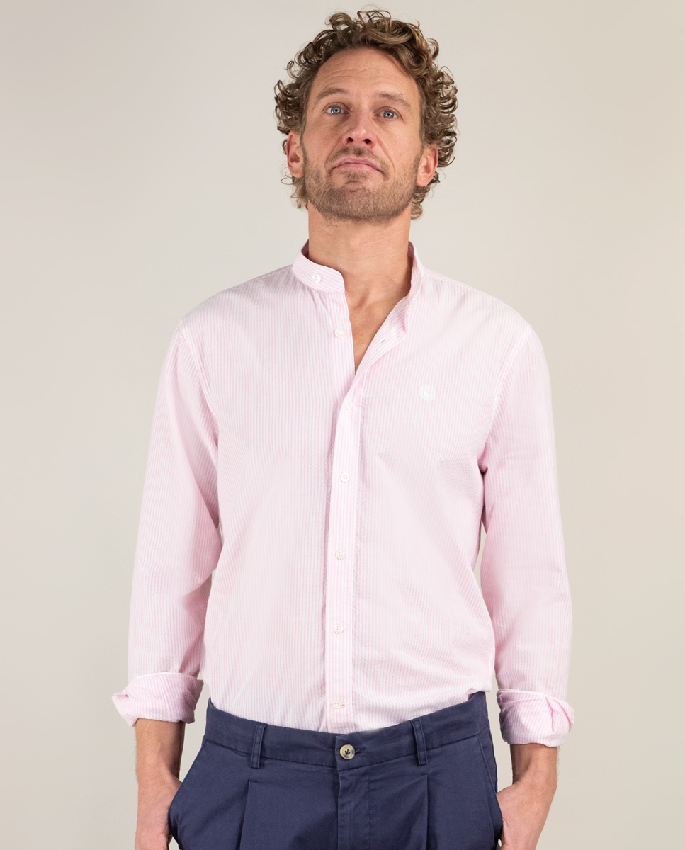 Camisa Seersucker Raya Rosa Cuello Mao