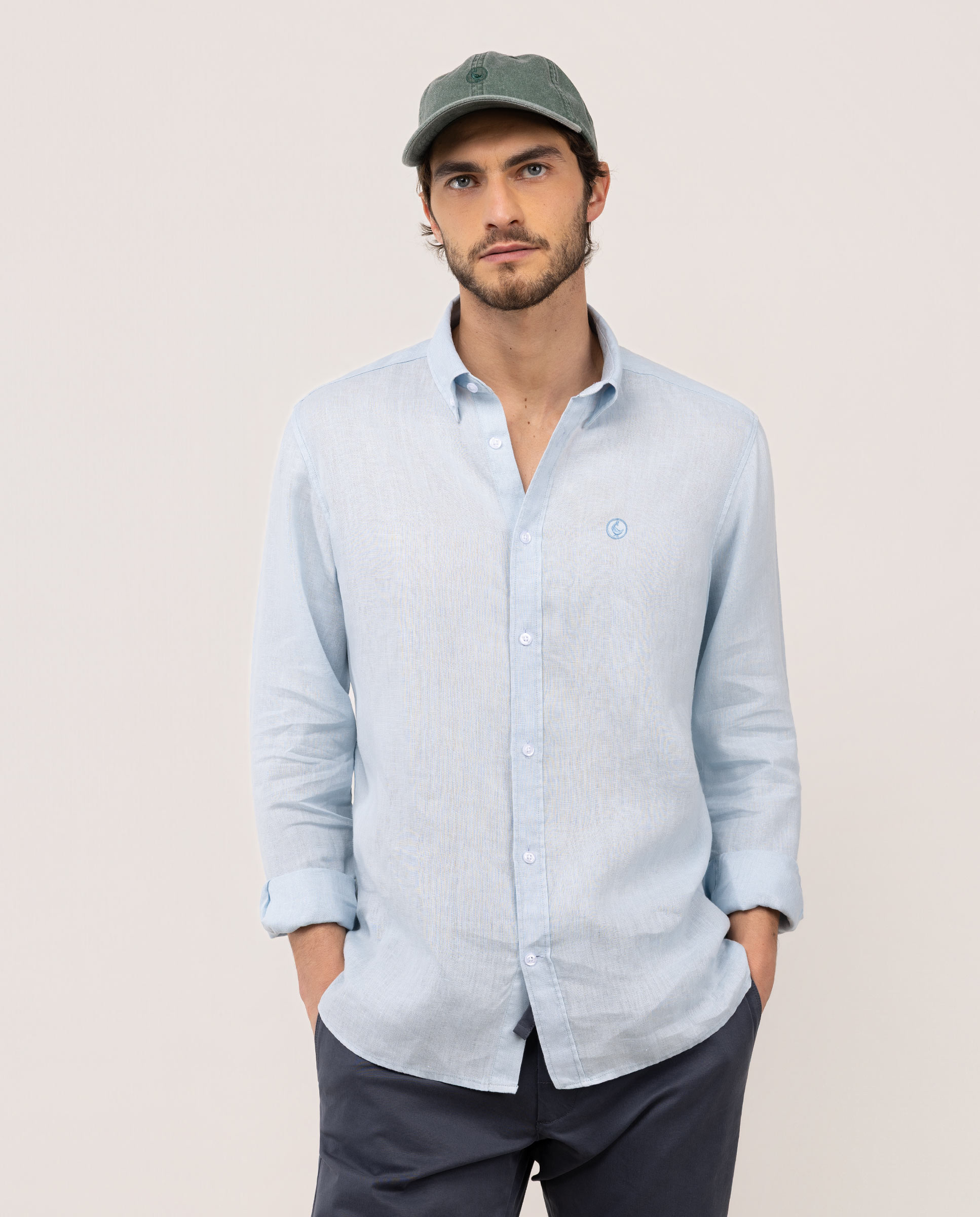 Camisa Lino Garment Dyed Button Down Celeste