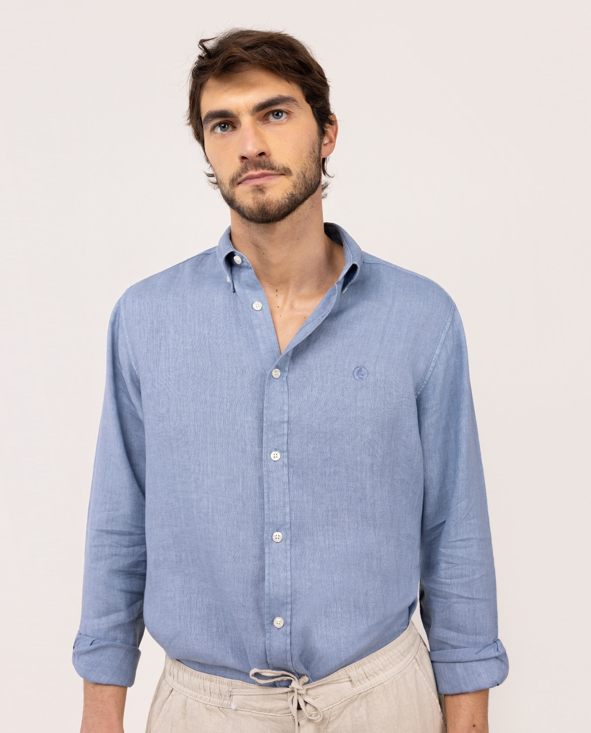 Camisa Lino Garment Dyed Button Down Azul Medio