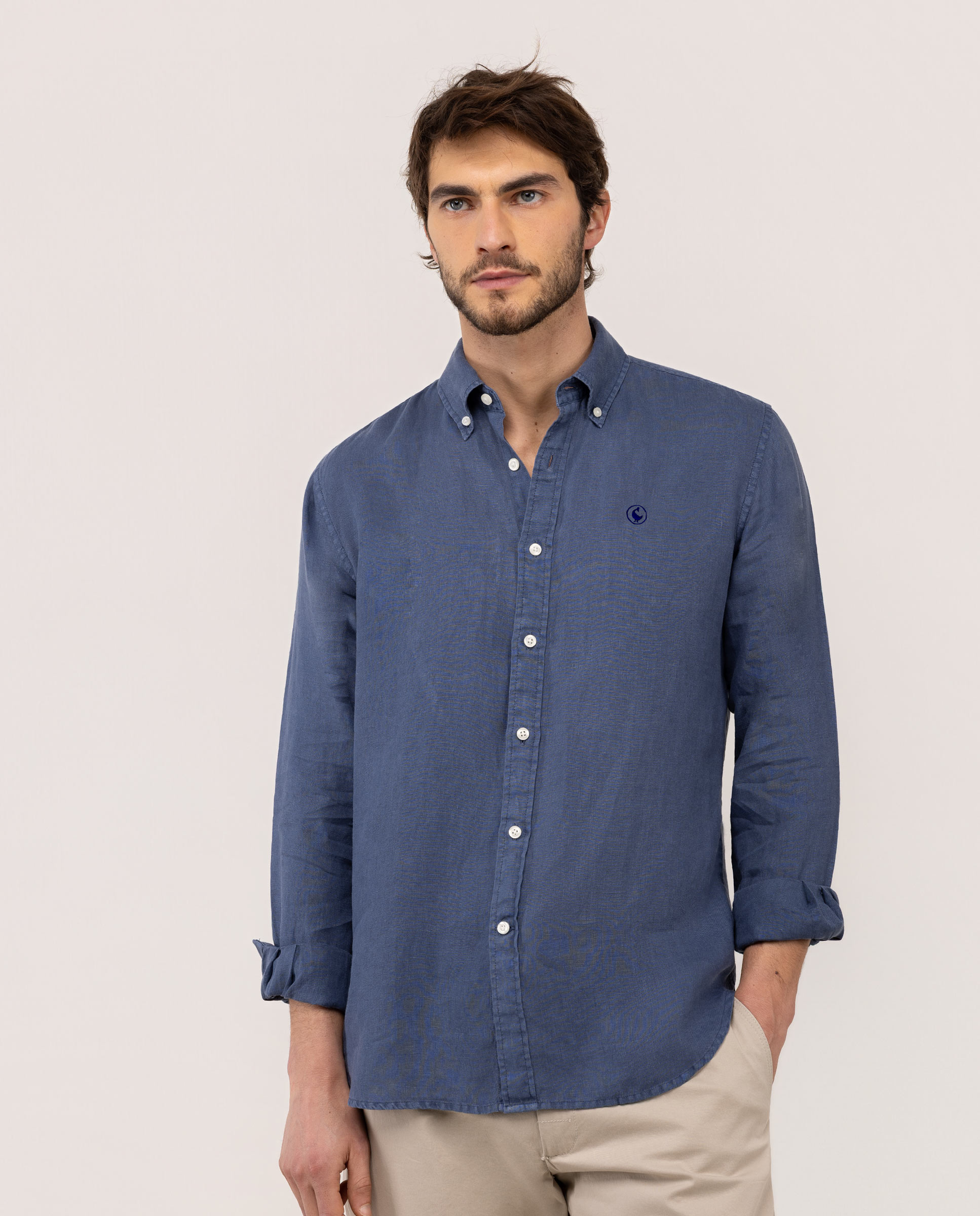 Camisa Lino Garment Dyed Button Down Marino