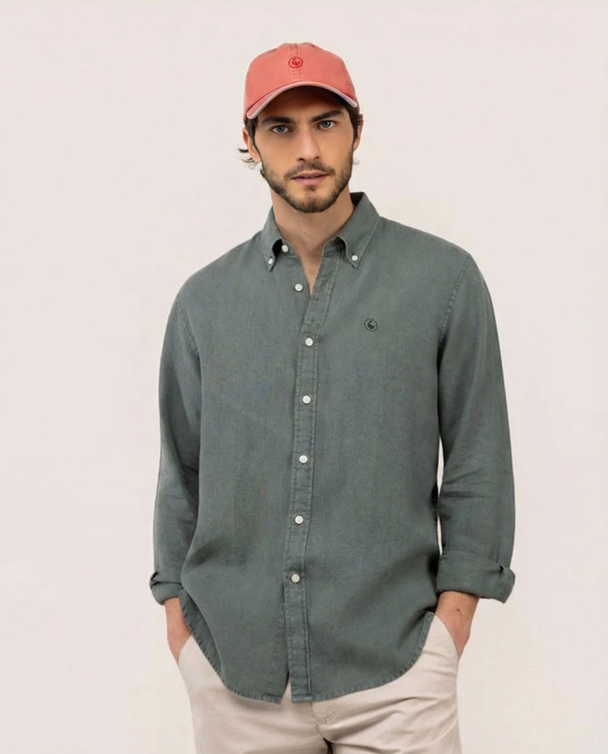 Camisa Lino Garment Dyed Button Down Verde Oscuro