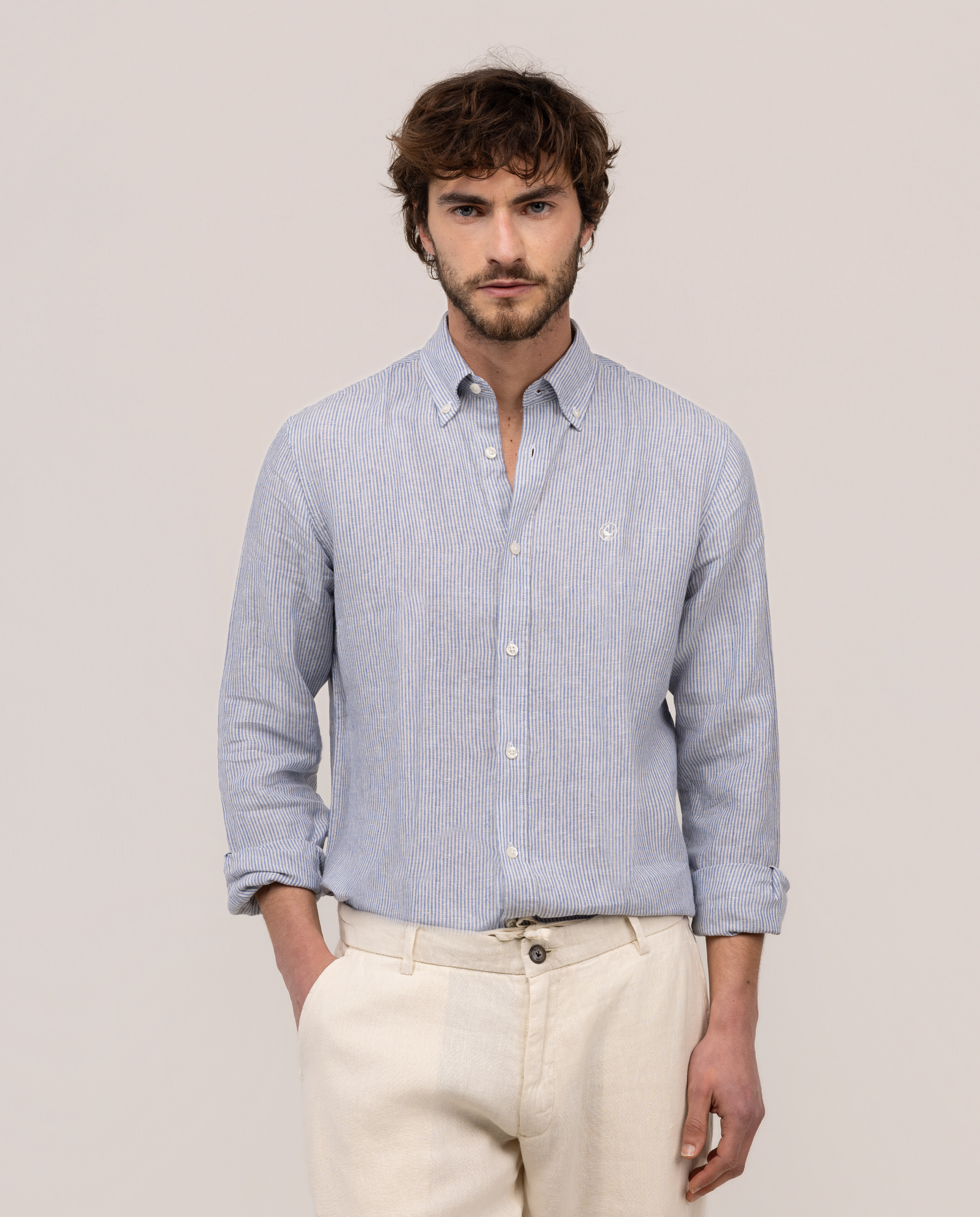 Camisa Lino Yale Button Down Beige Azul Medio