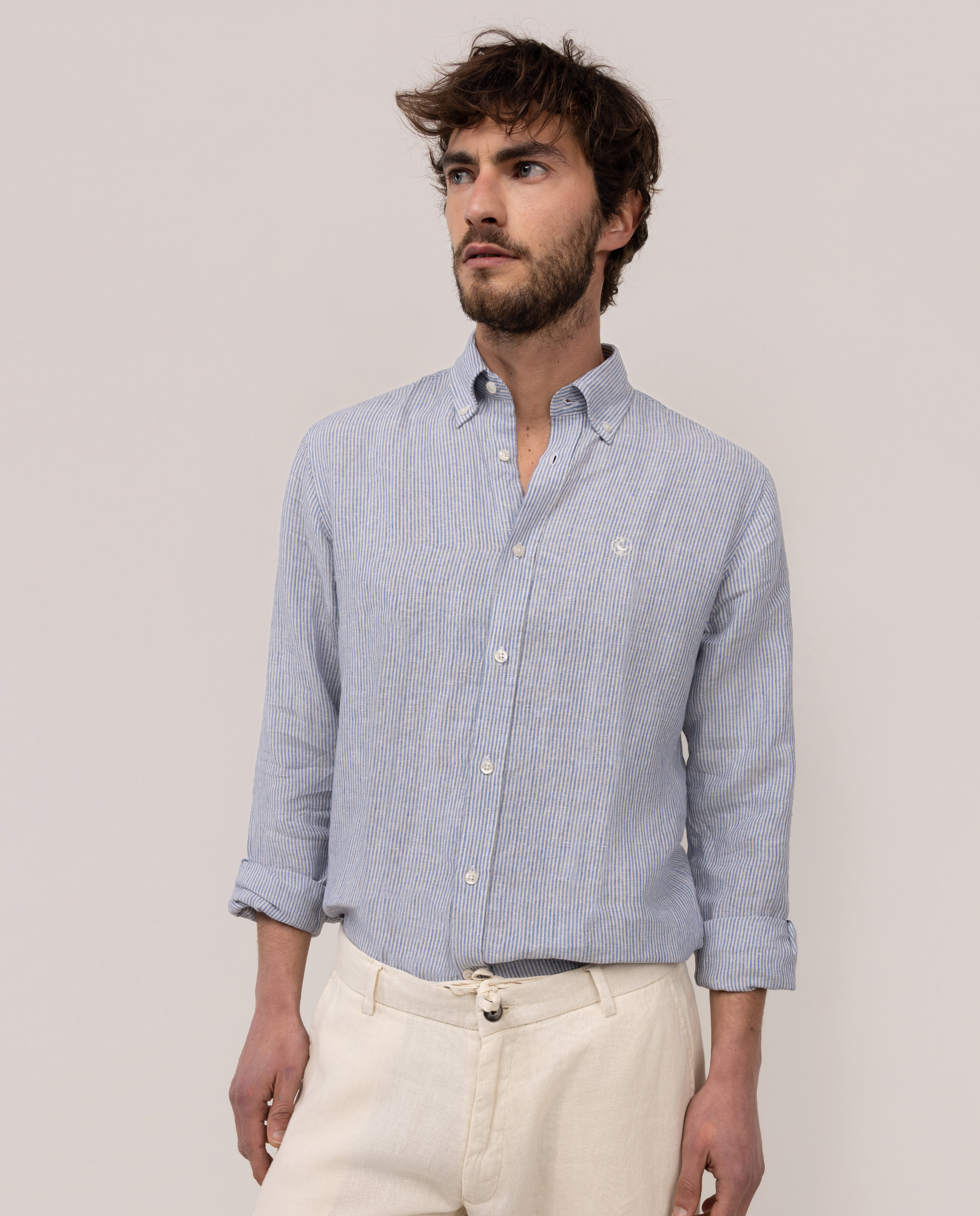 Camisa Lino Yale Button Down Beige Azul Medio