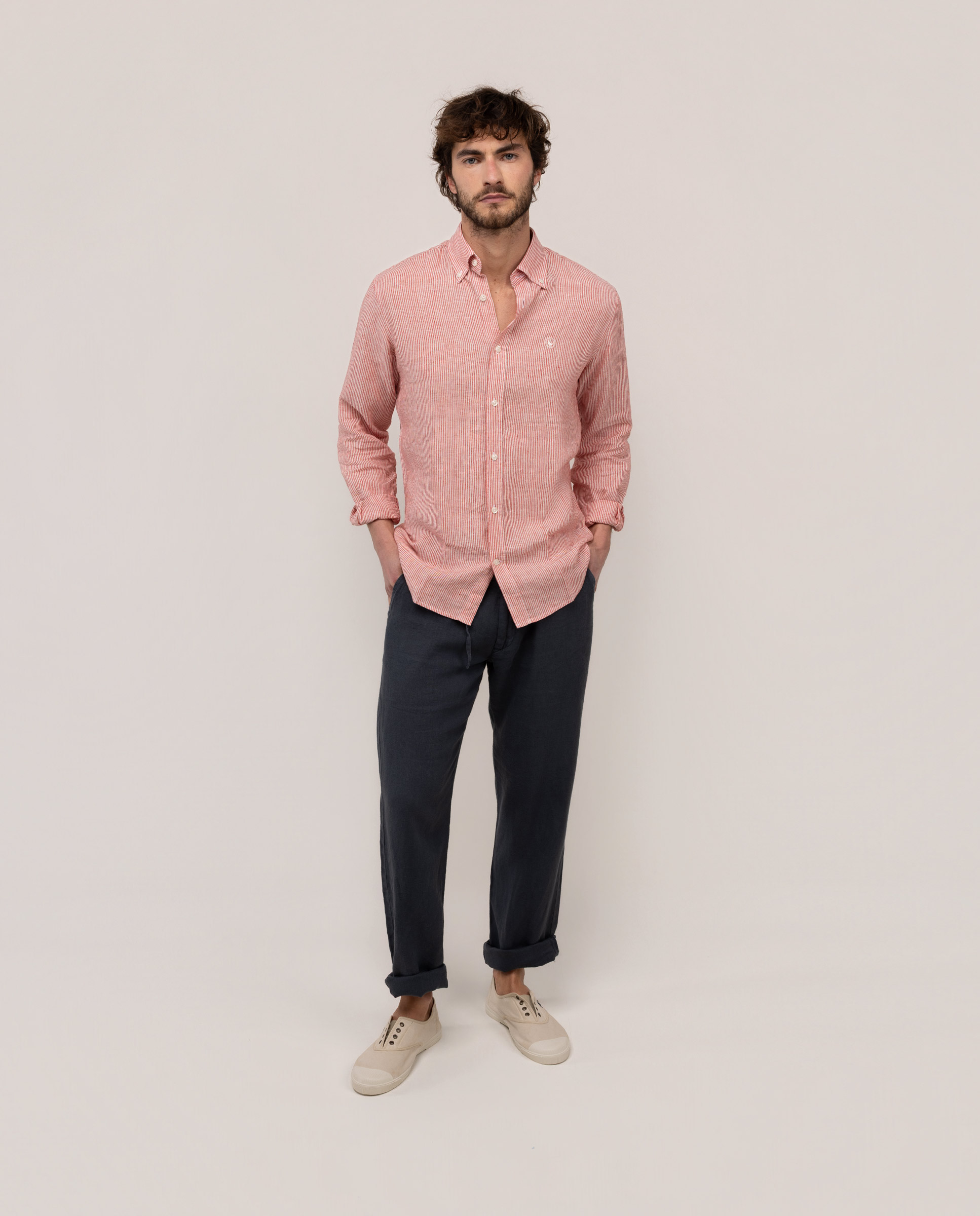 Camisa Lino Yale Button Down Beige Rojo