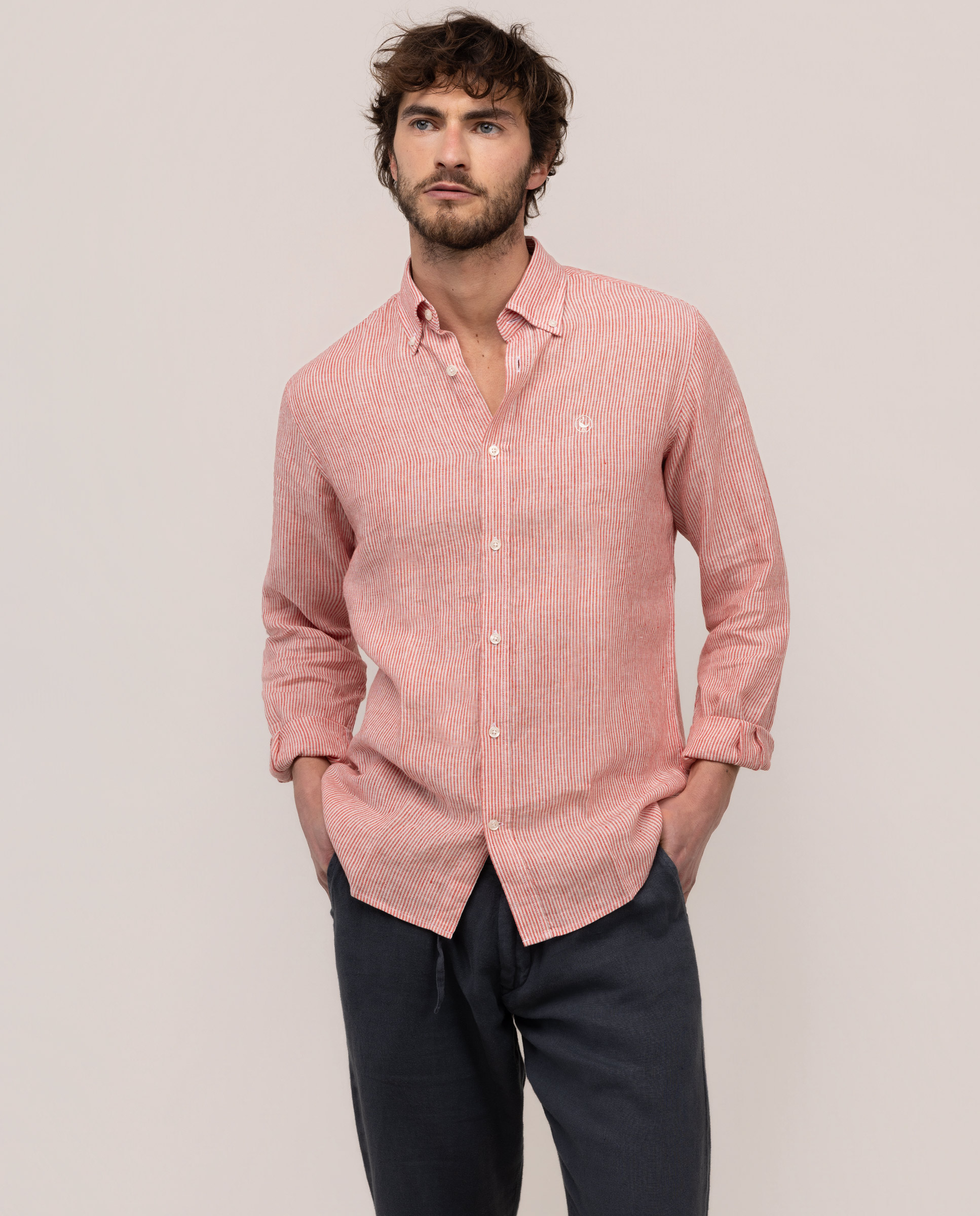 Camisa Lino Yale Button Down Beige Rojo