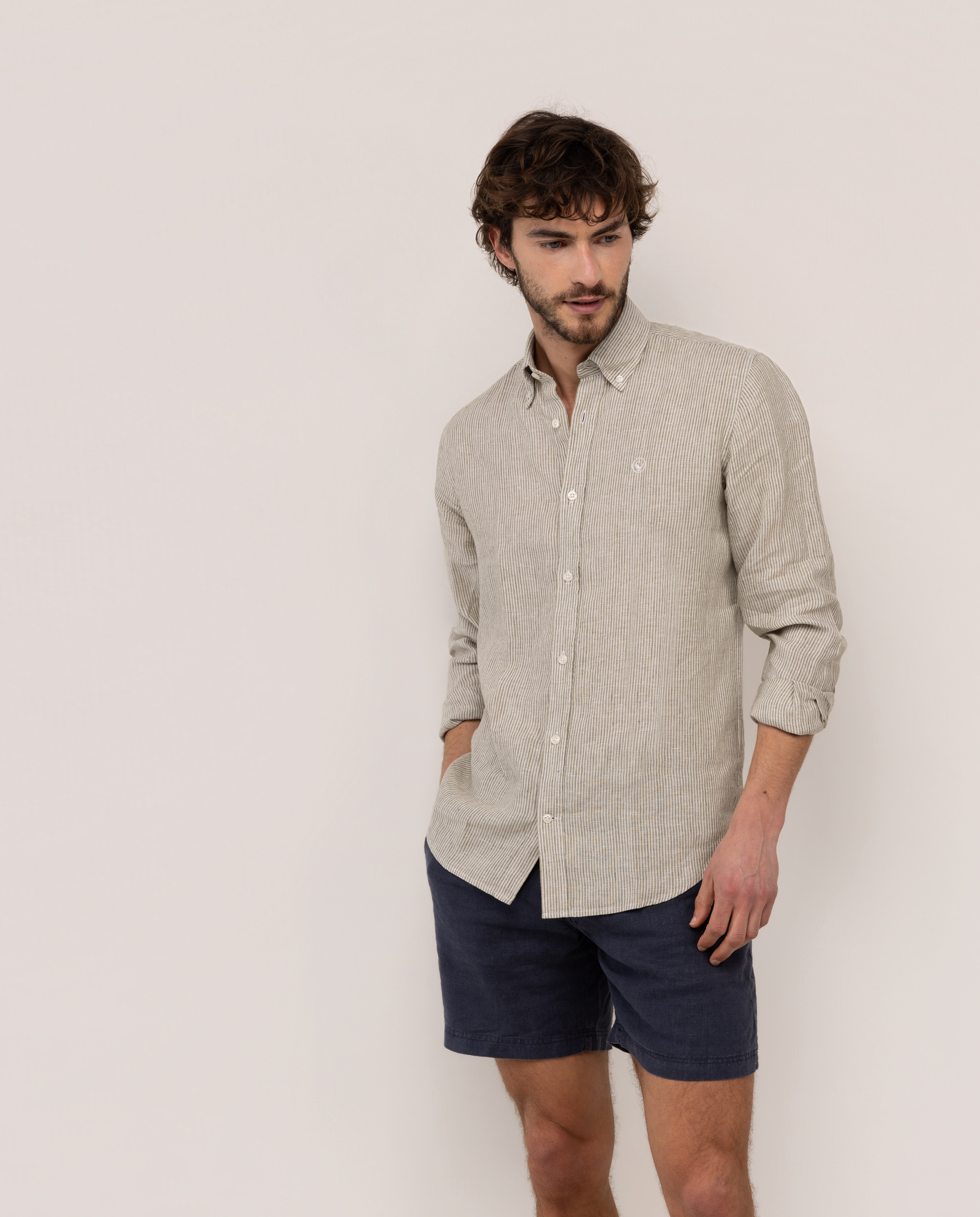 Camisa Lino Yale Button Down Beige Verde