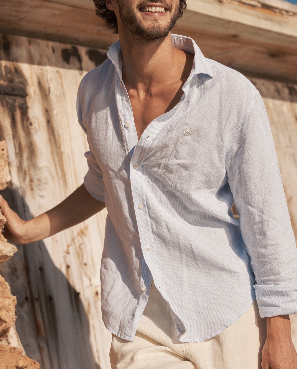 Camisa Lino Yale Button Down Celeste Crudo