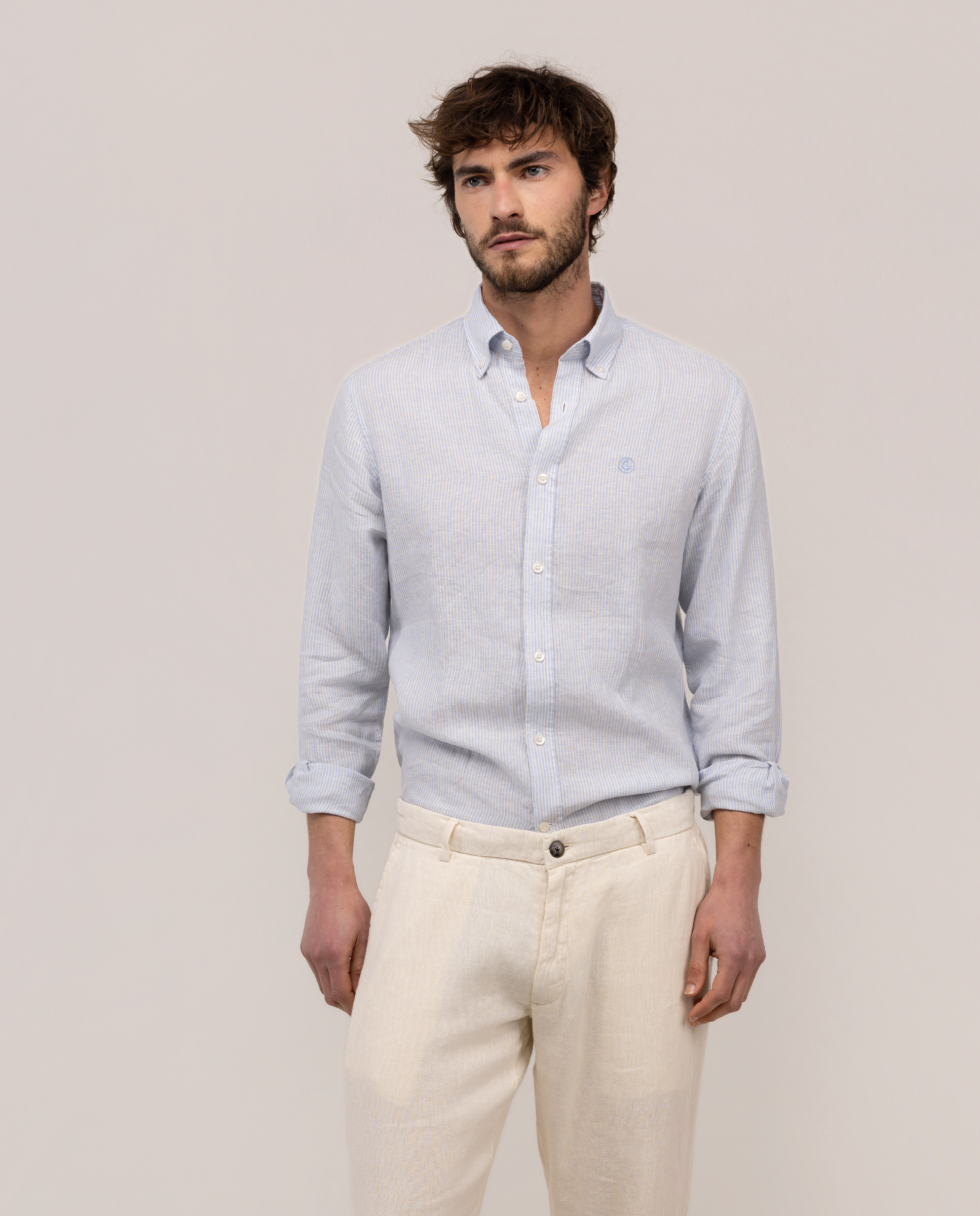 Camisa Lino Yale Button Down Celeste Crudo