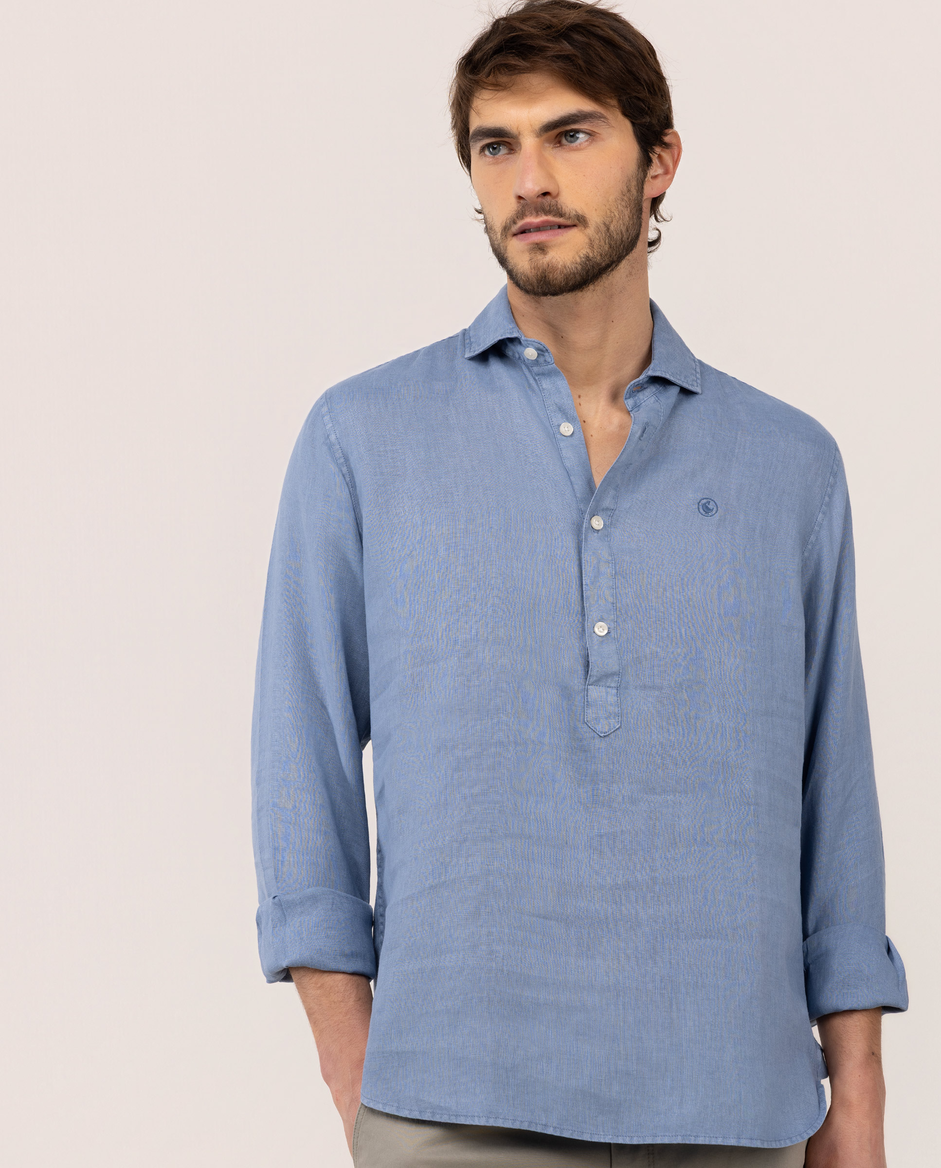 Camisa Polera Lino Azul Medio