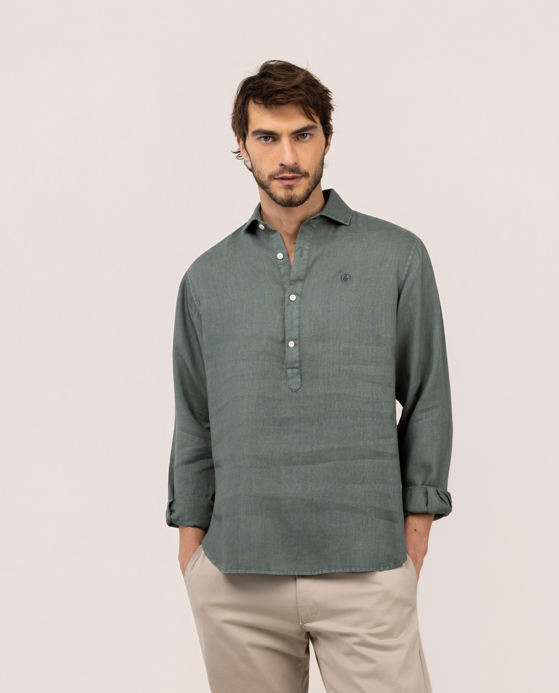 Camisa Polera Lino Verde Oscuro