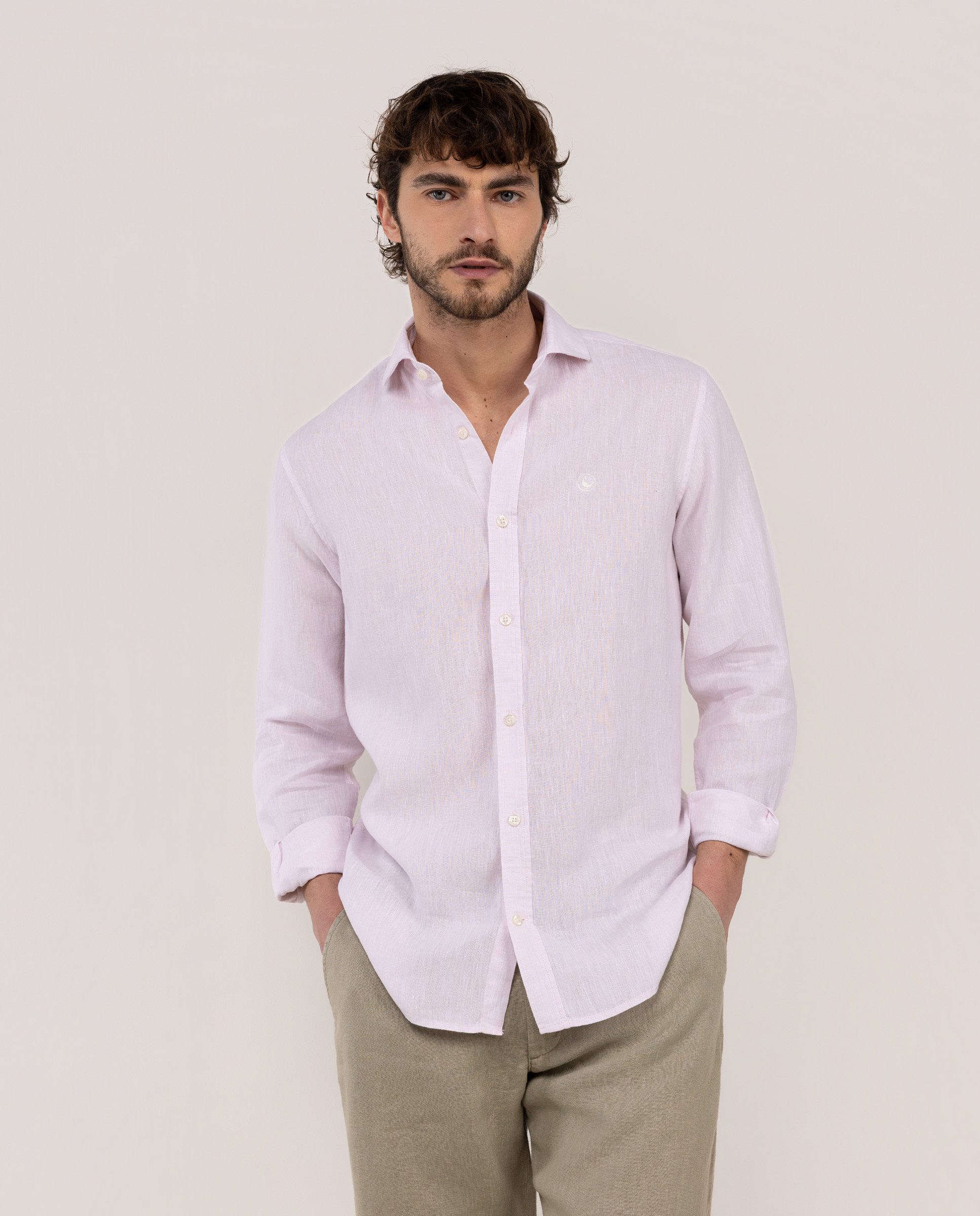 Camisa Lino Chambray Cuello Italiano Rosa