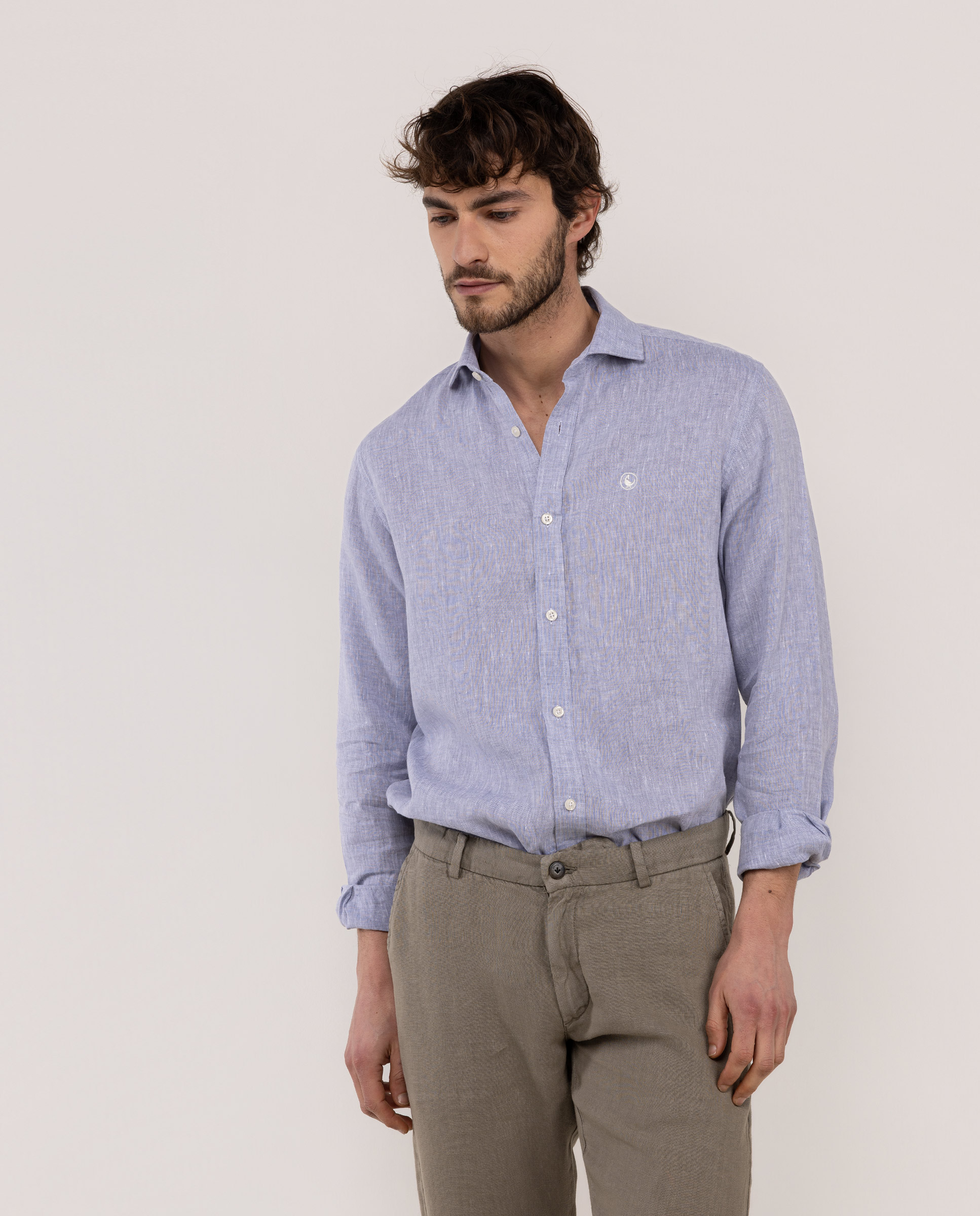 Camisa Lino Chambray Cuello Italiano Azul