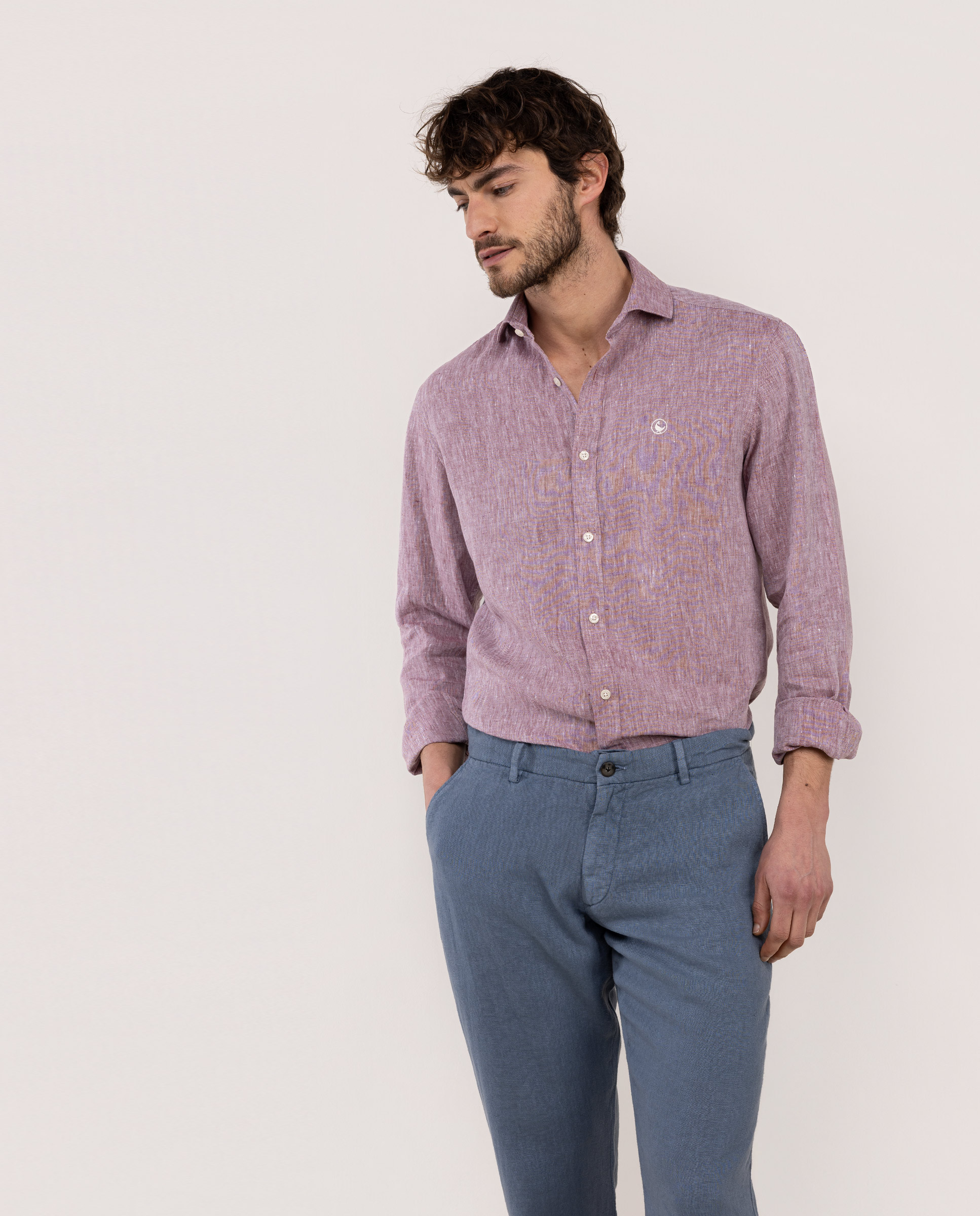 Camisa Lino Chambray Cuello Italiano Rojo