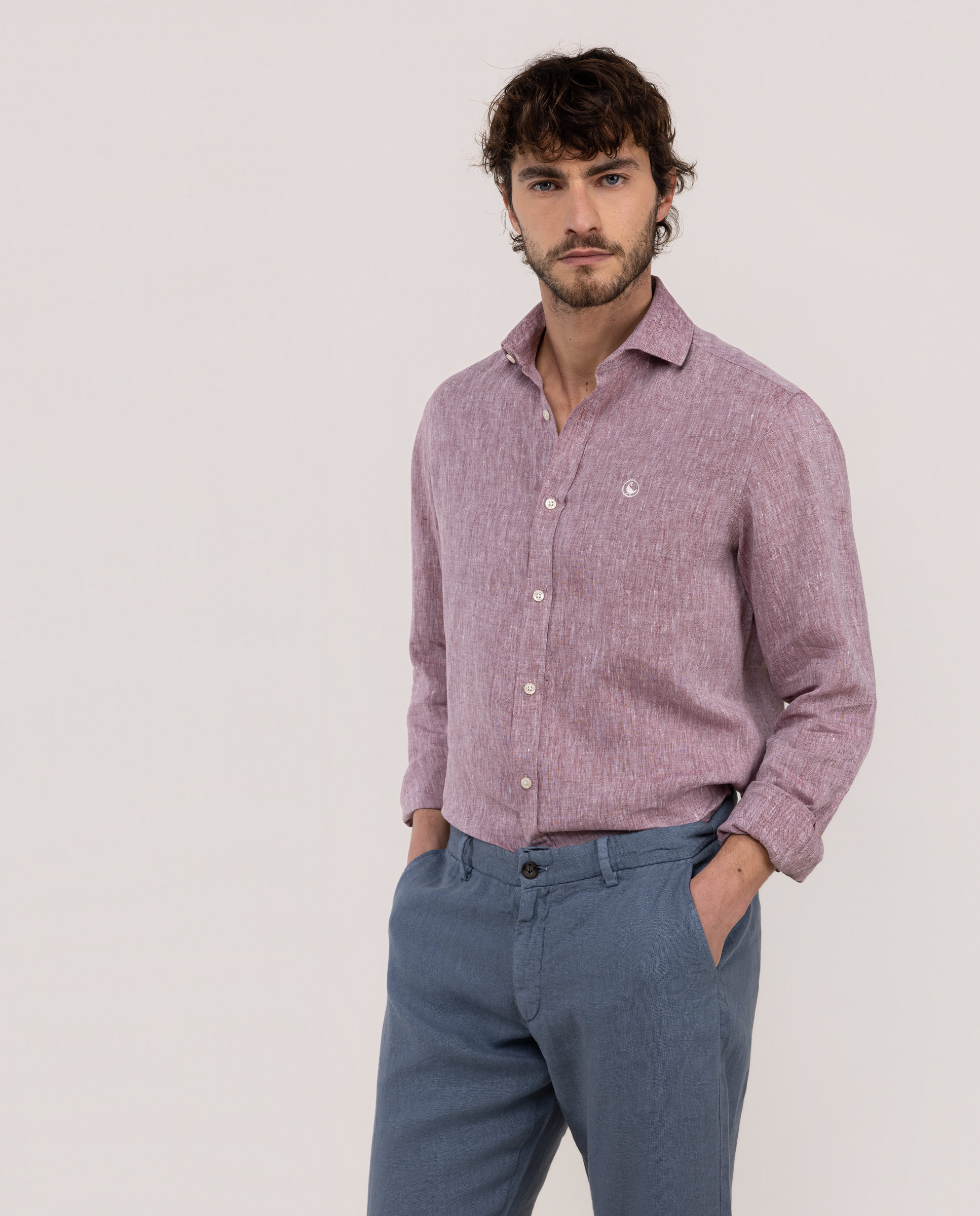 Camisa Lino Chambray Cuello Italiano Rojo