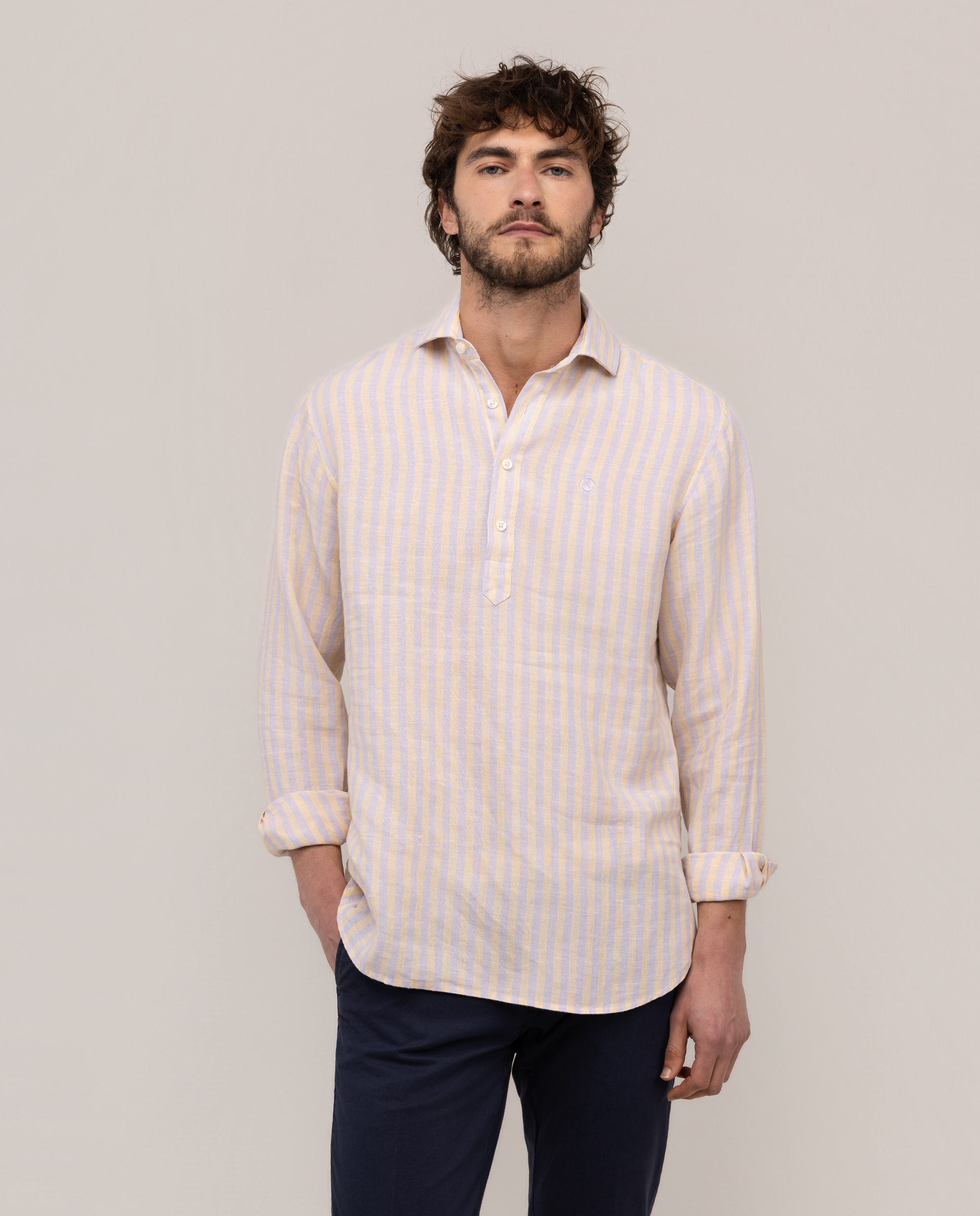 Camisa Polera Lino Raya Kodak Morado Naranja