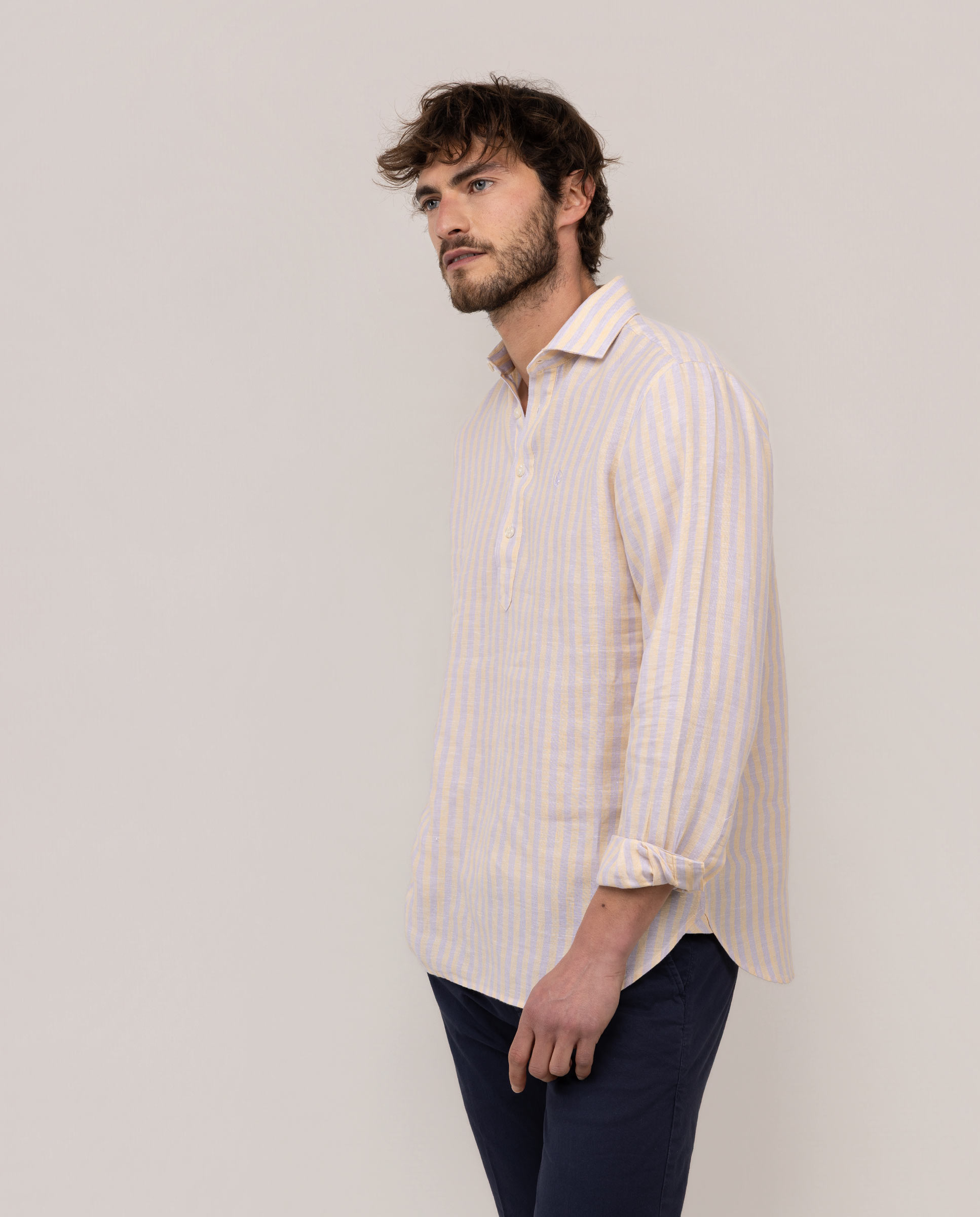 Camisa Polera Lino Raya Kodak Morado Naranja