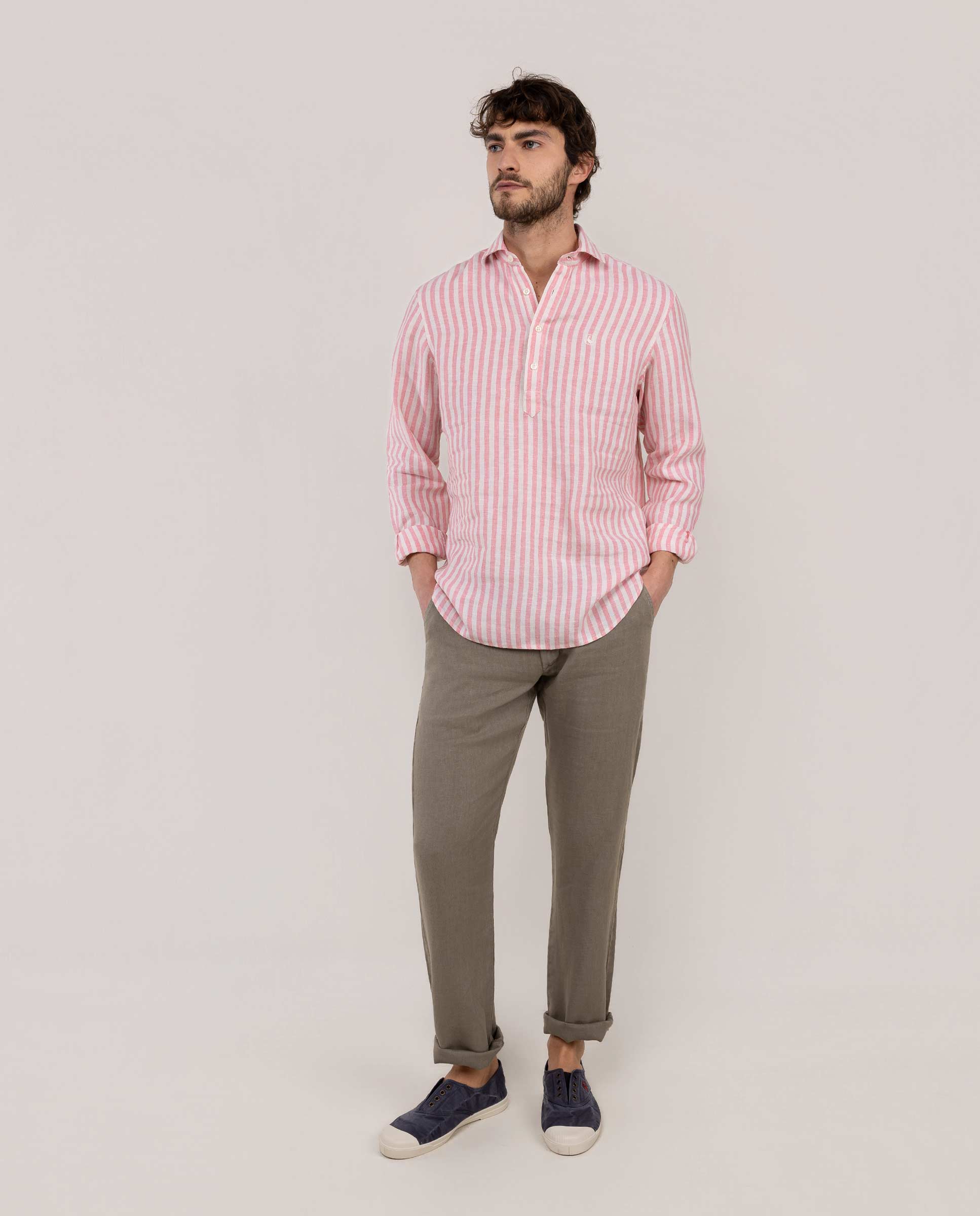Linen Polo Shirt with Kodak Stripe in Raw Red