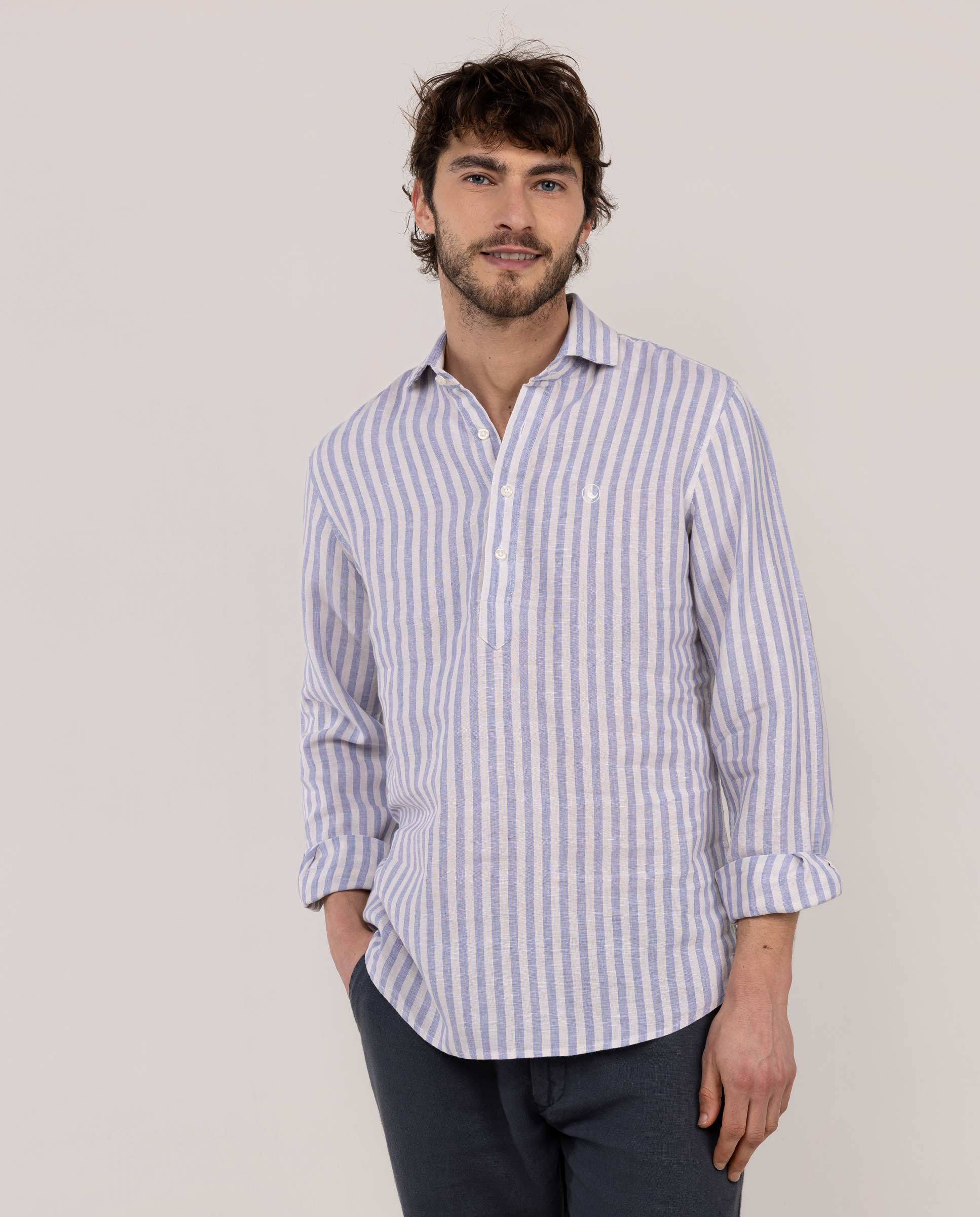 Linen Polo Shirt with Kodak Stripe, Light Blue and Off-White