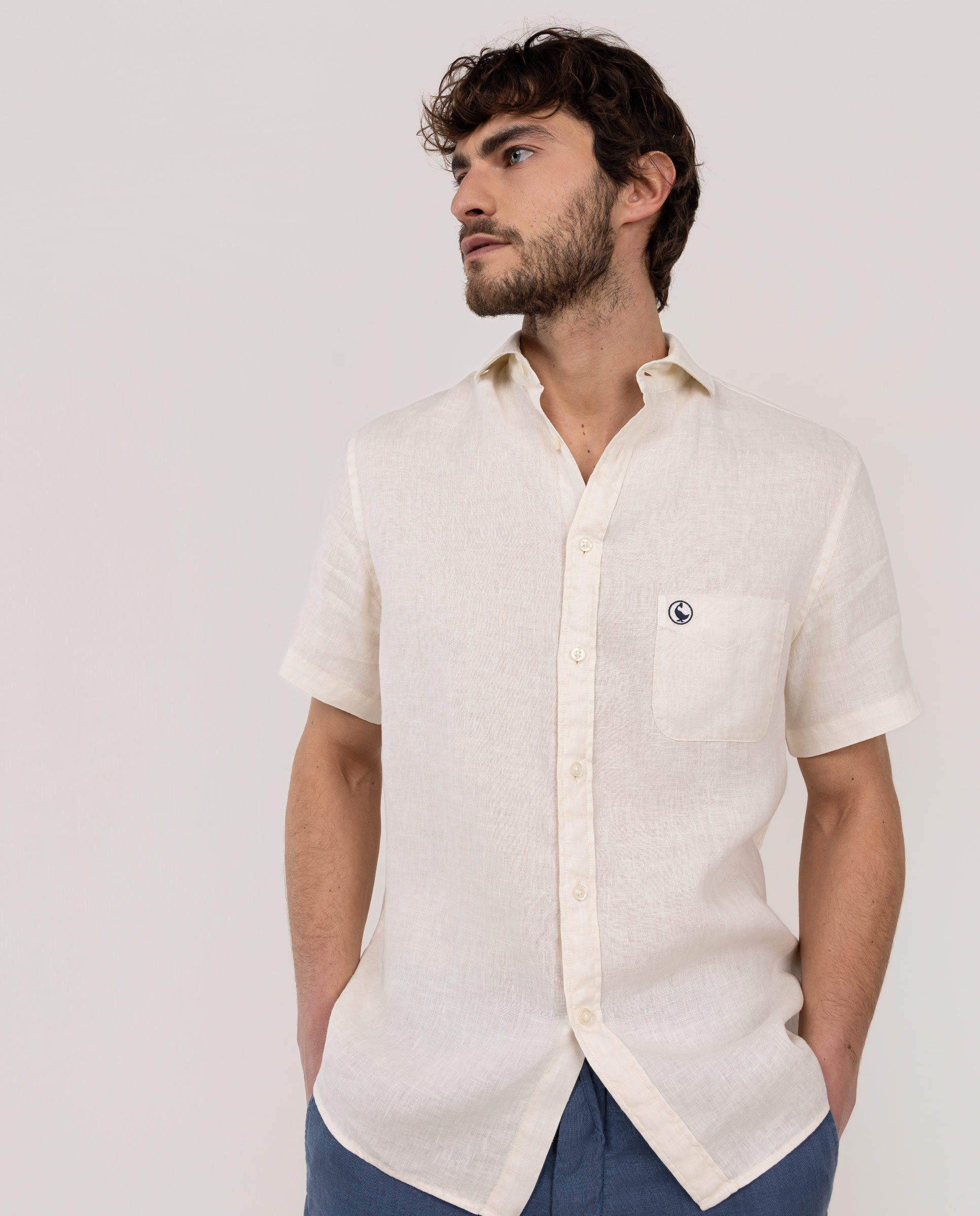 Camisa Lino Manga Corta Beige