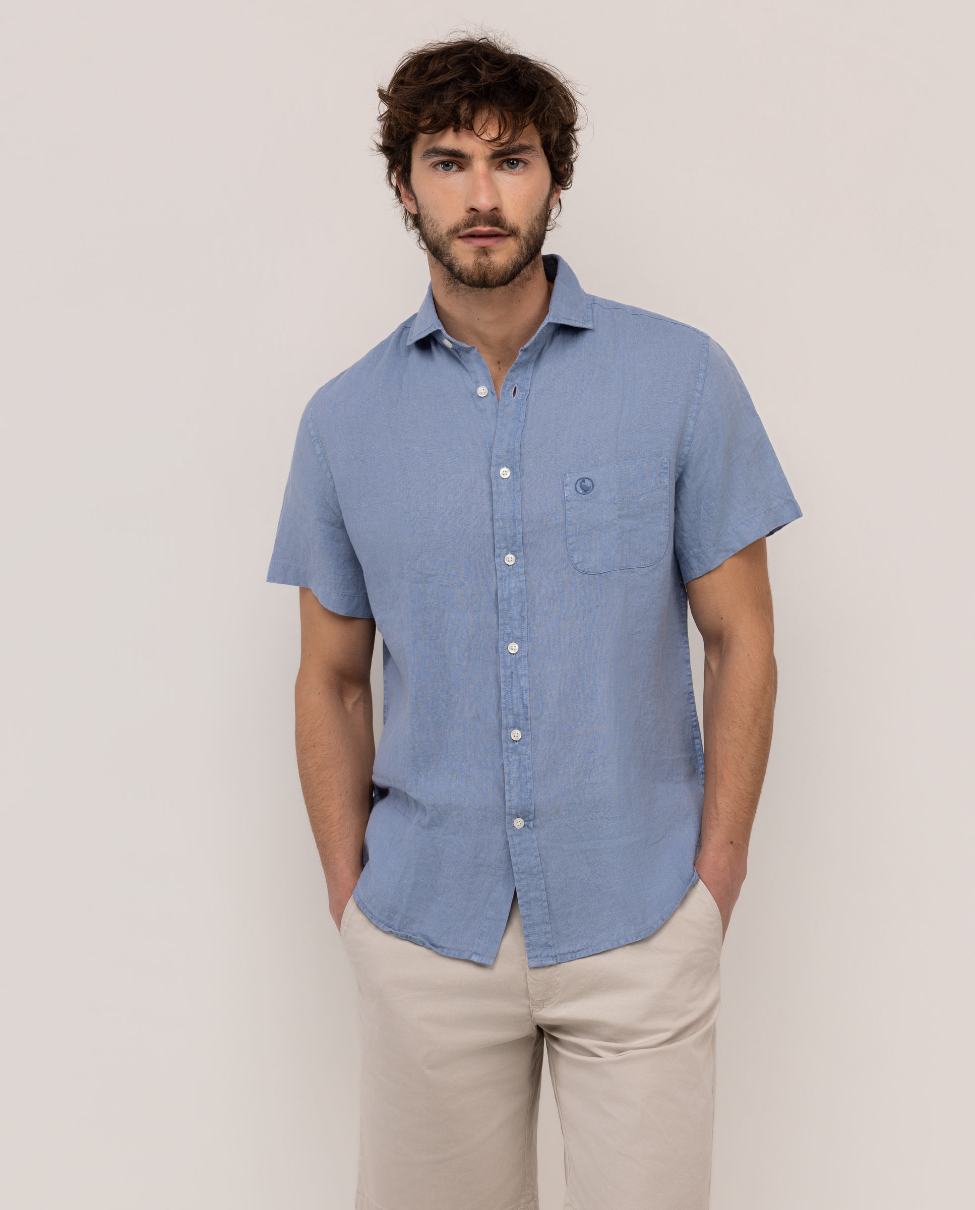 Camisa Lino Manga Corta Azul Medio
