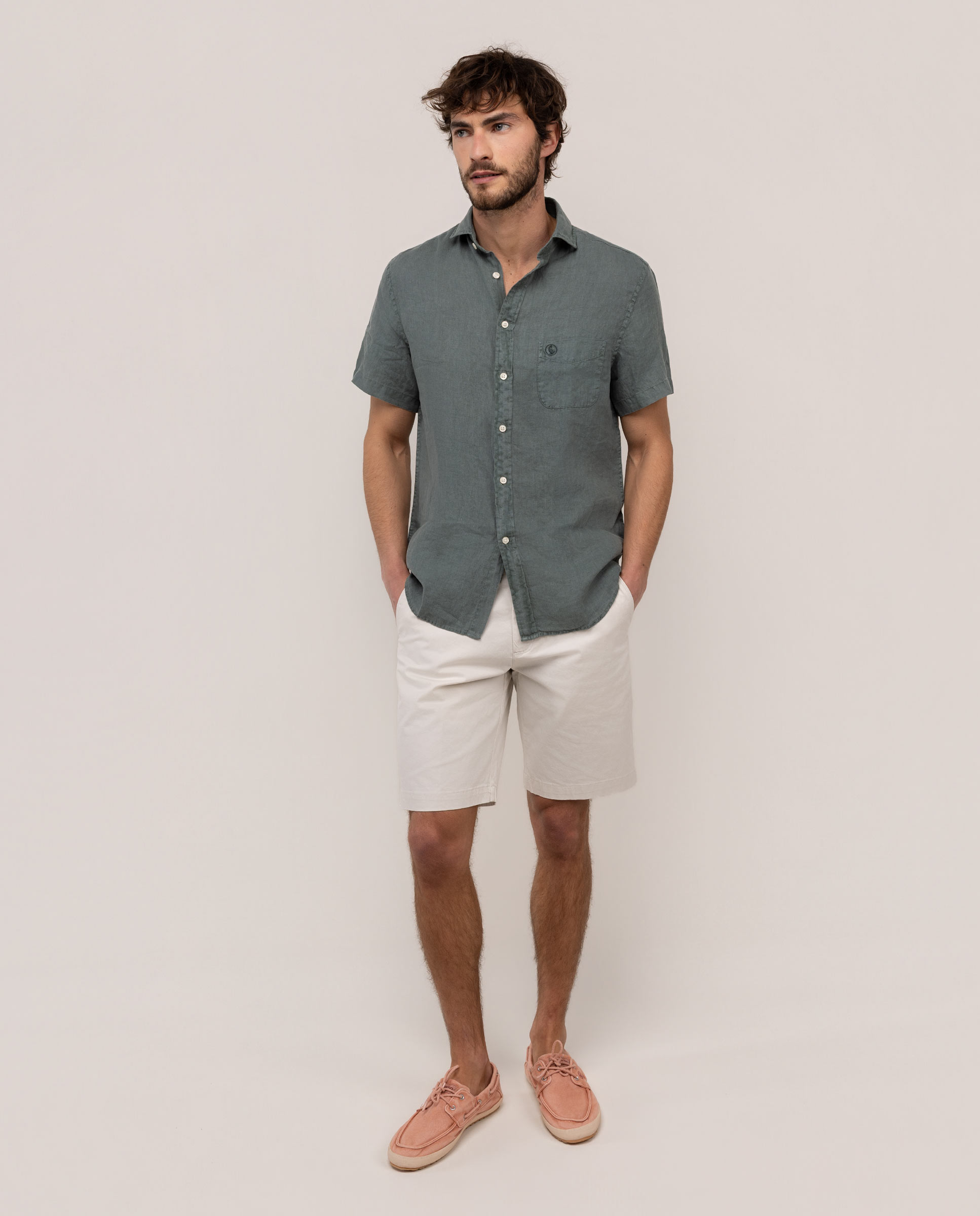 Camisa Lino Manga Corta Verde