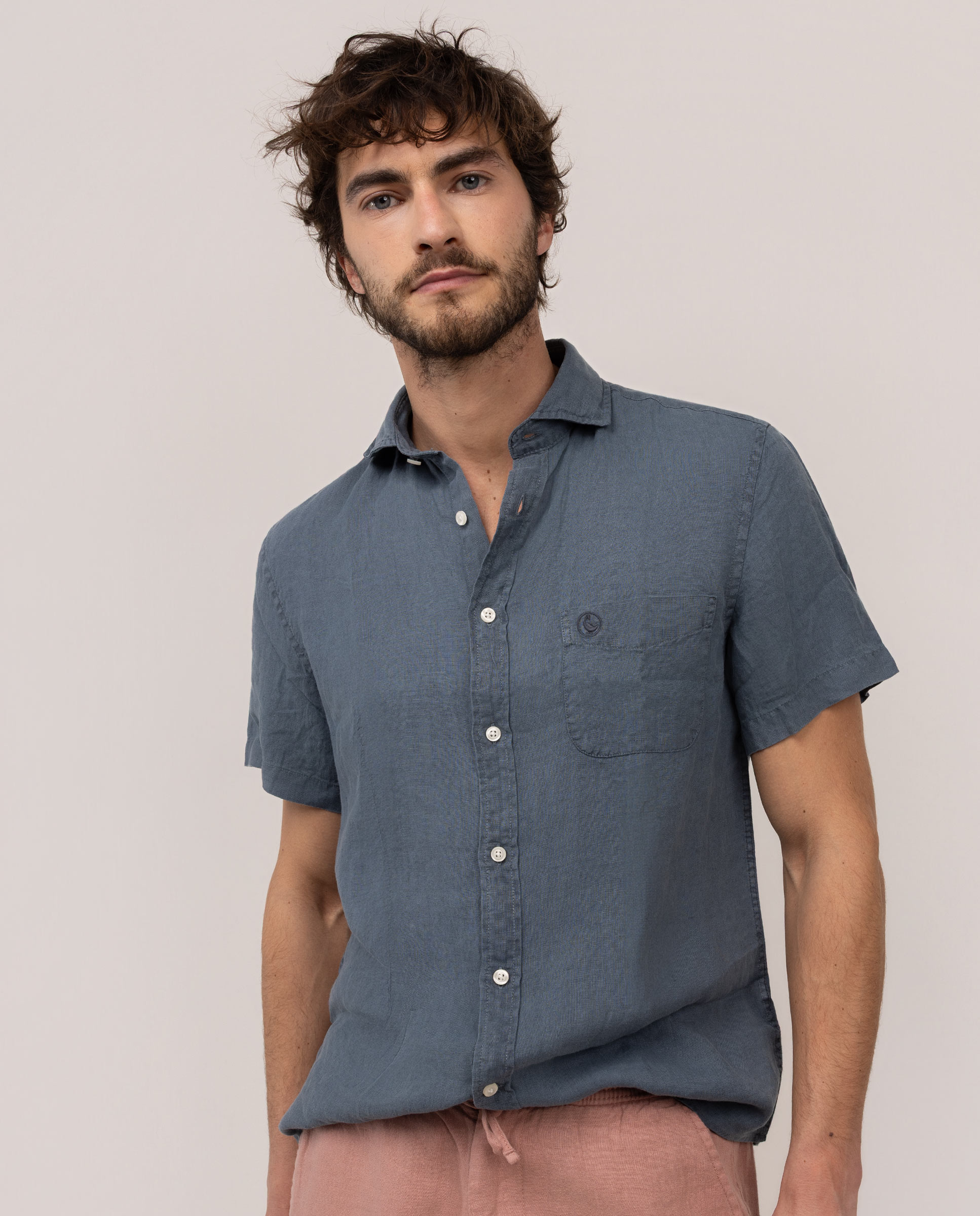 Camisa Lino Manga Corta Marino