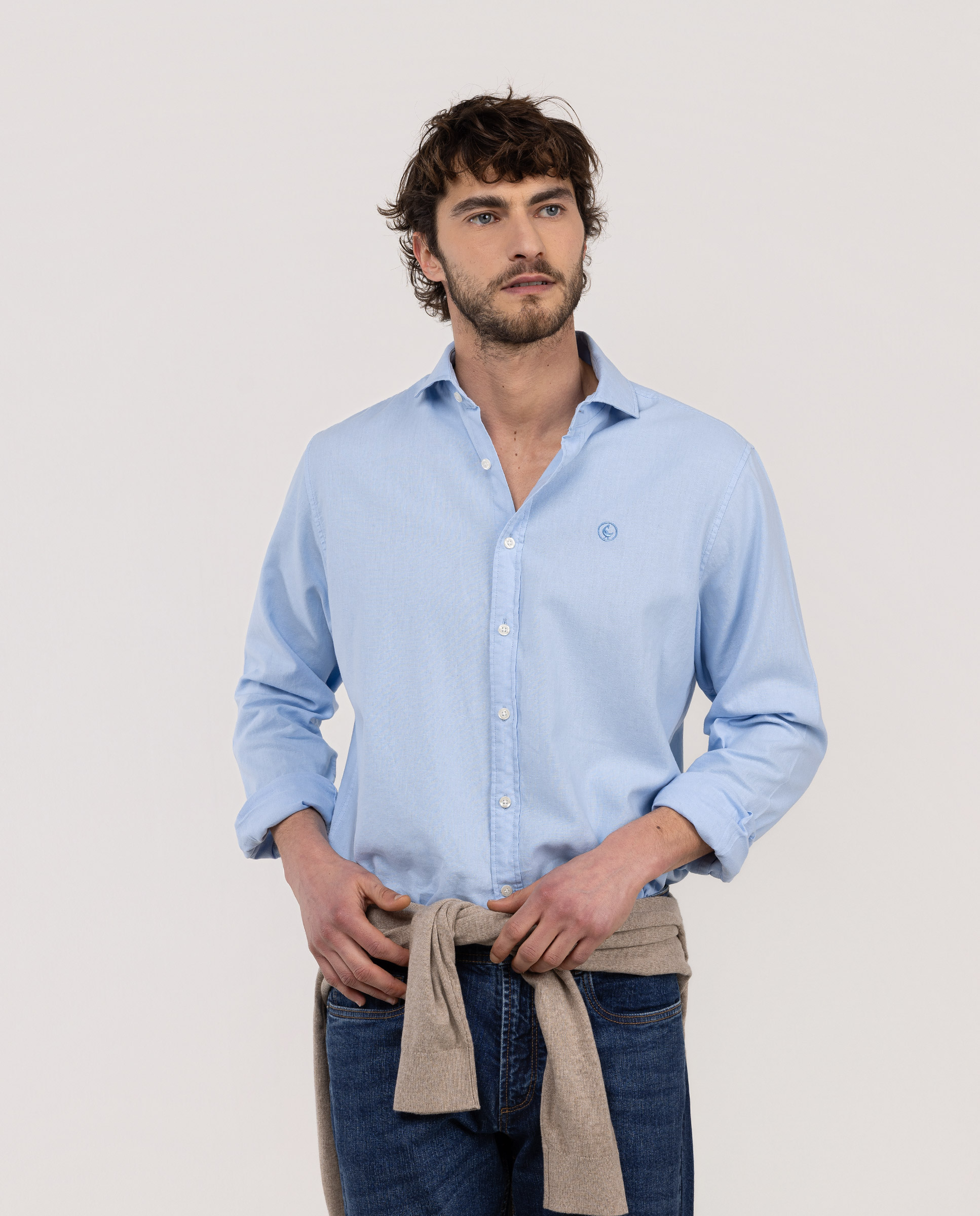 Camisa Cuello Italiano Algodón Lino Celeste