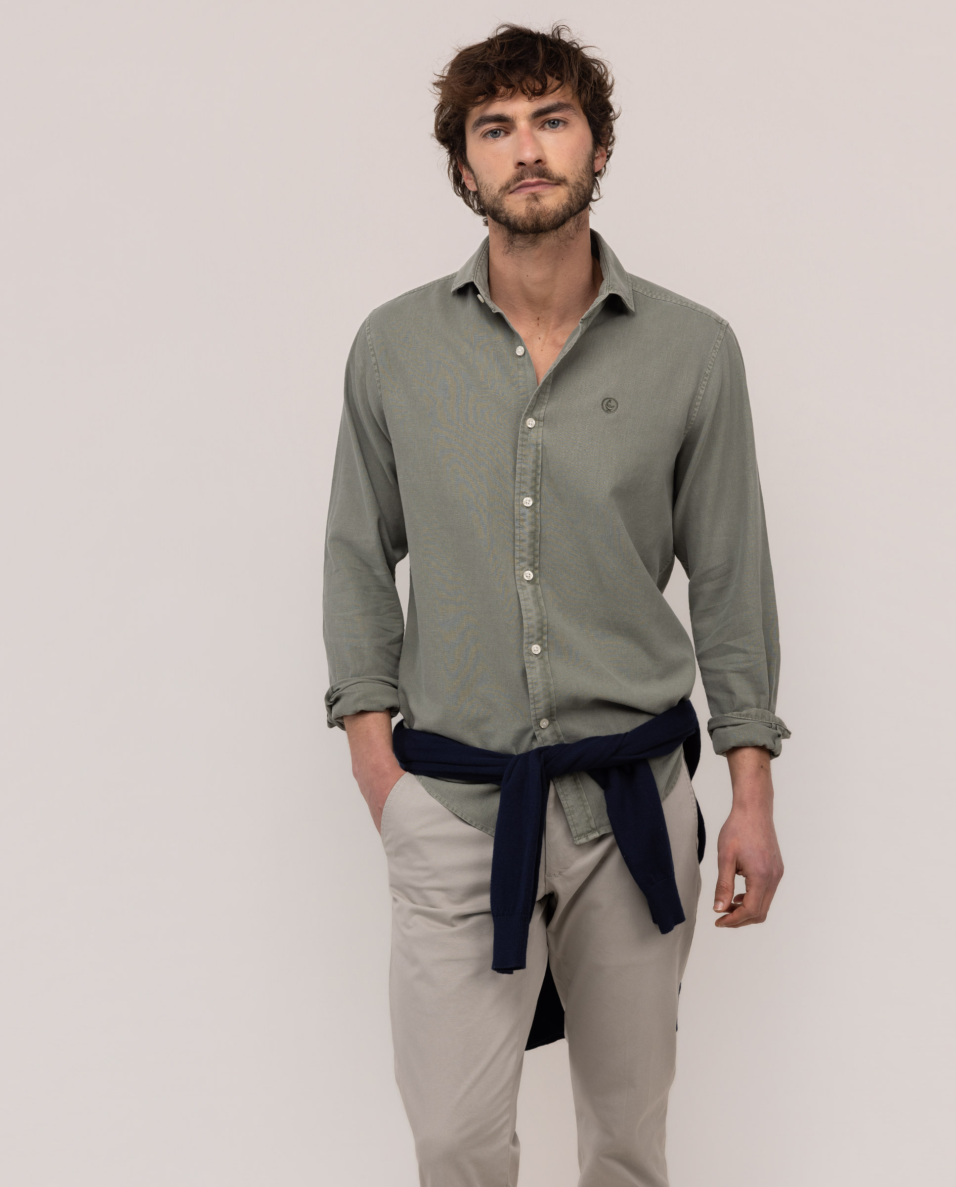 Camisa Cuello Italiano Algodón Lino Verde