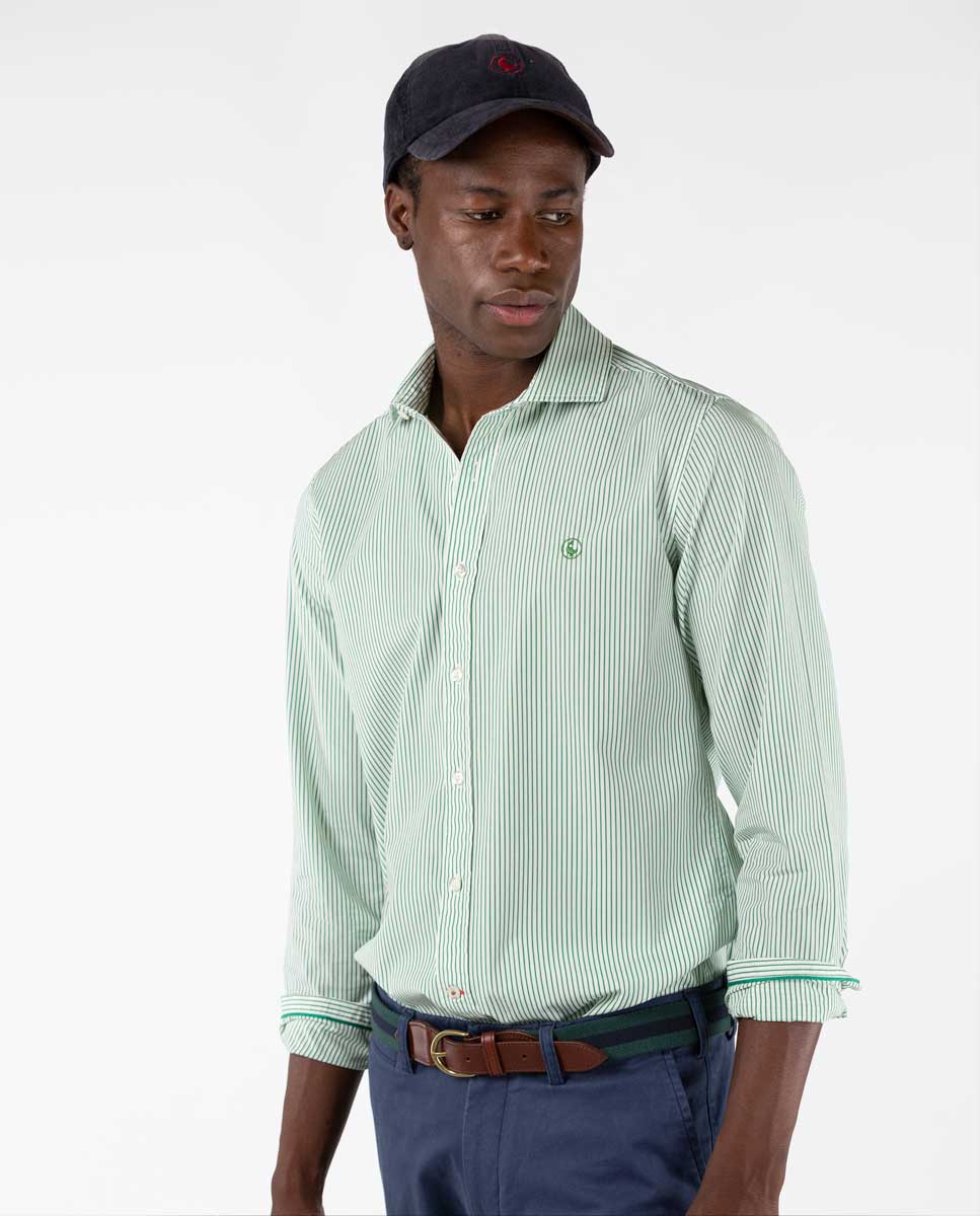 Camisa de popelina com listras verdes de açougueiro