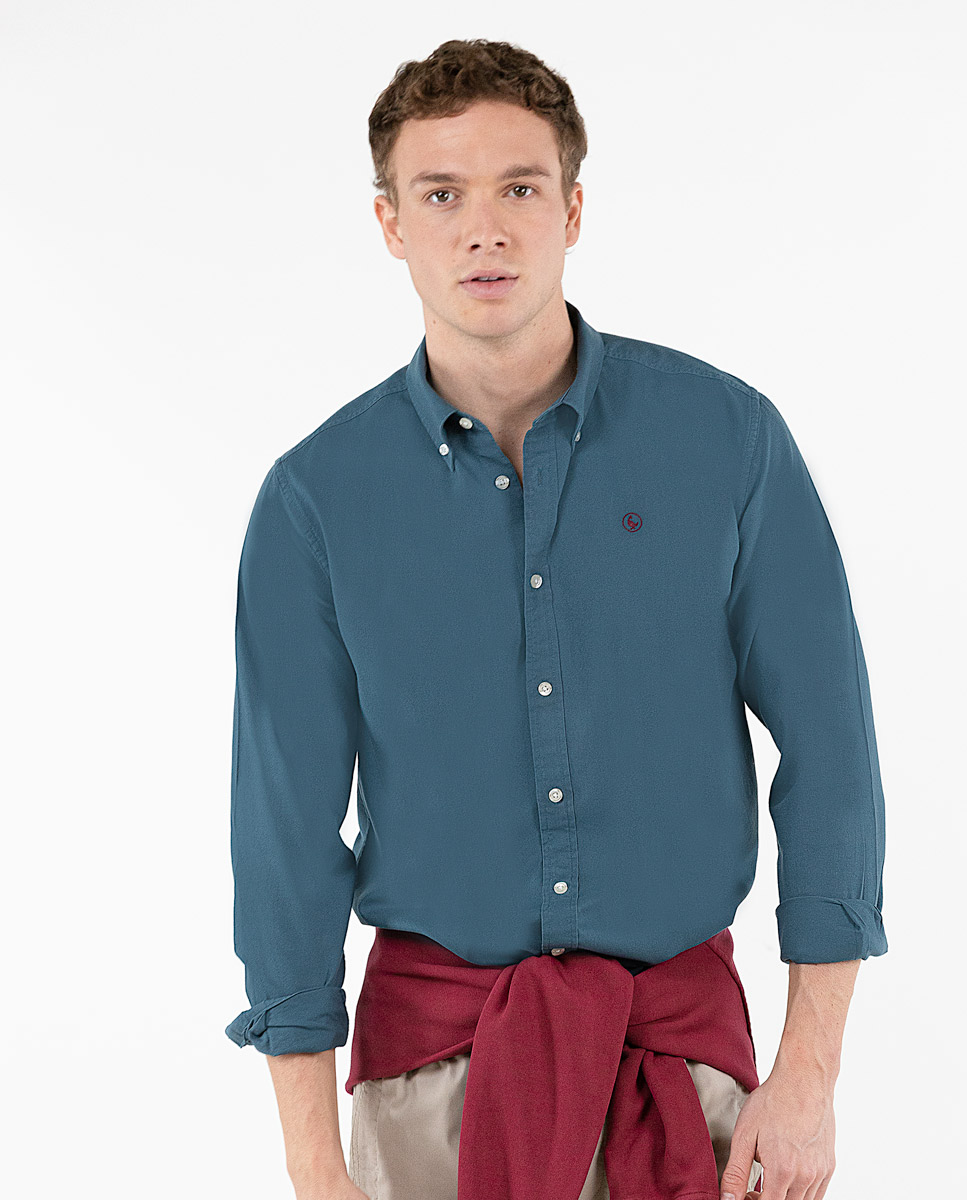 Garment camisa de algodão tingido azul petróleo