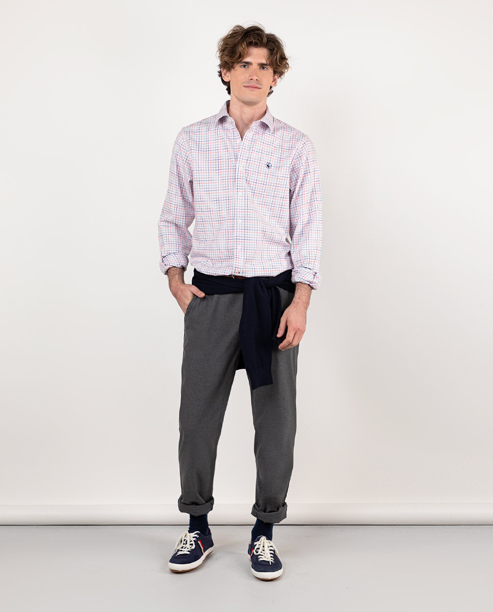 Tattersall Check Shirt W Navy & Orange Outline