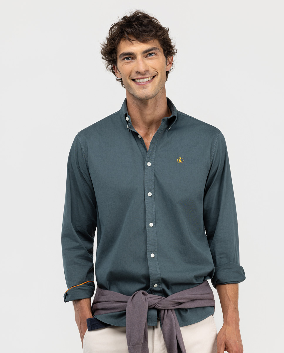 Camisa Garment Dyed Algodón Verde Oscuro
