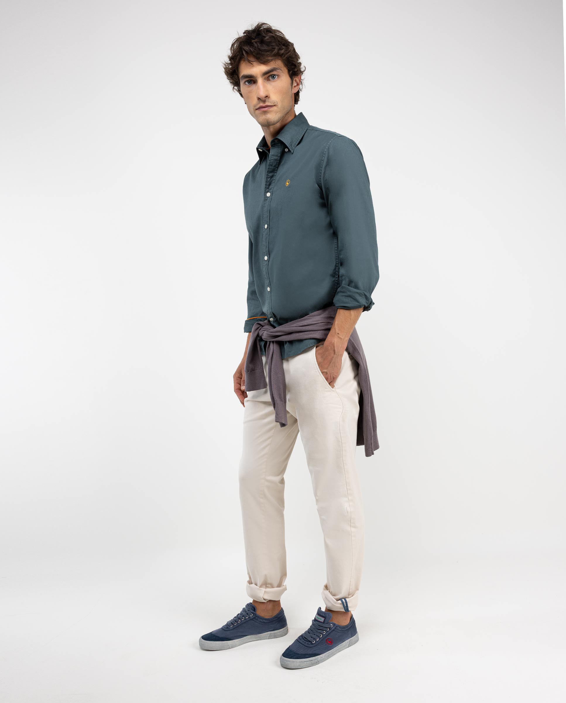 Camisa Garment Dyed Algodón Verde Oscuro