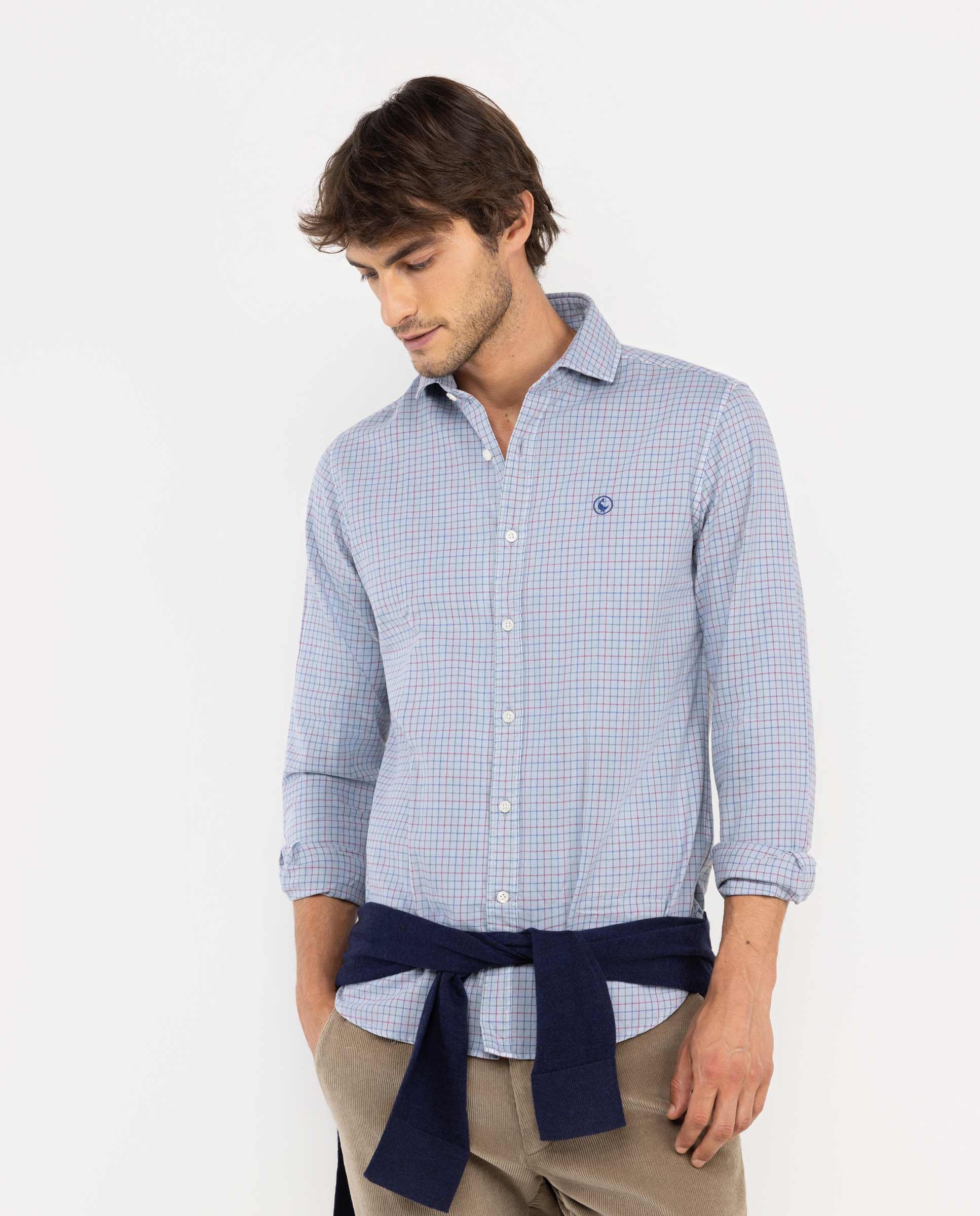Light Blue Tattershall Shirt with Maroon Trim