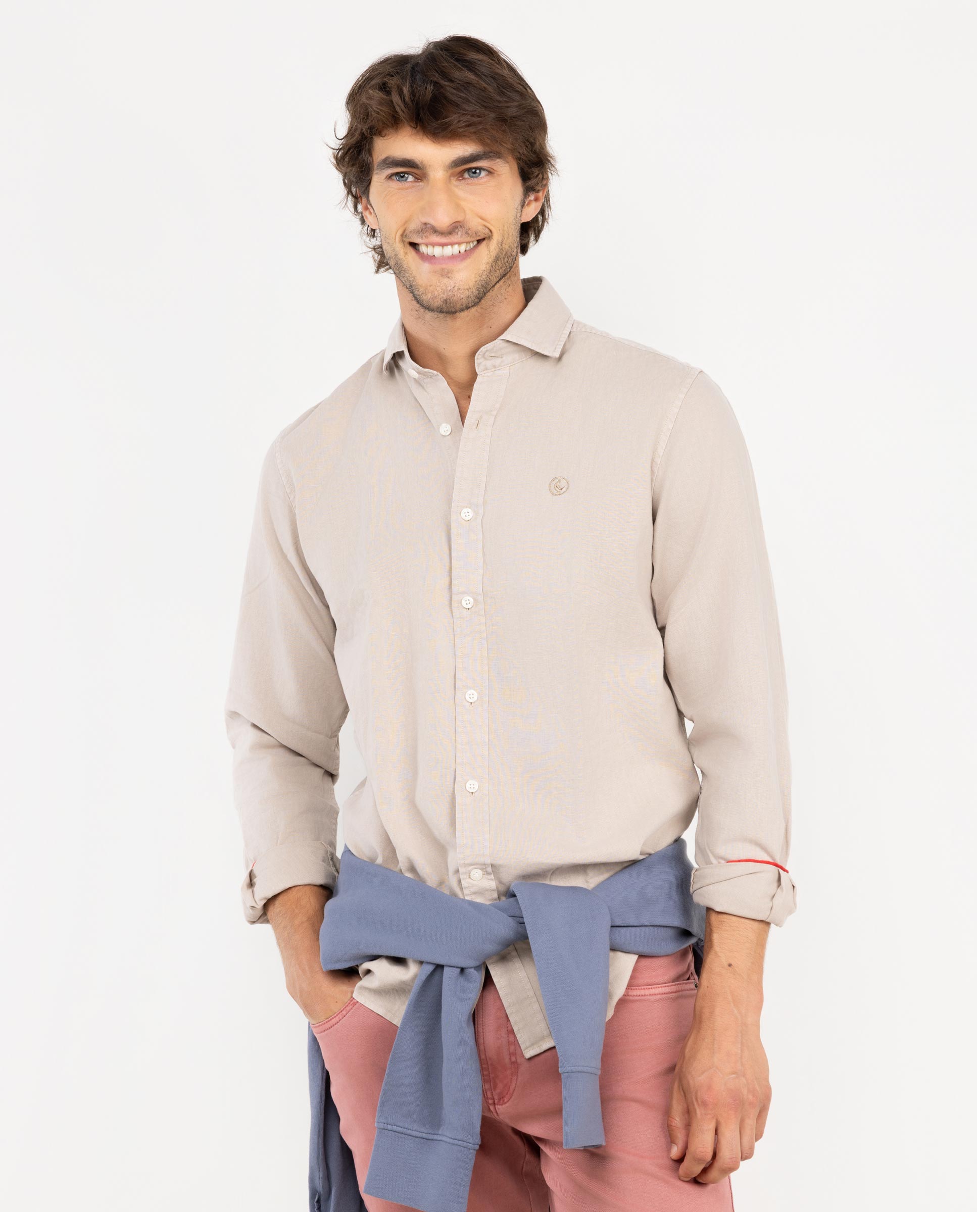 Chemise Coton Lin Bleu Beige