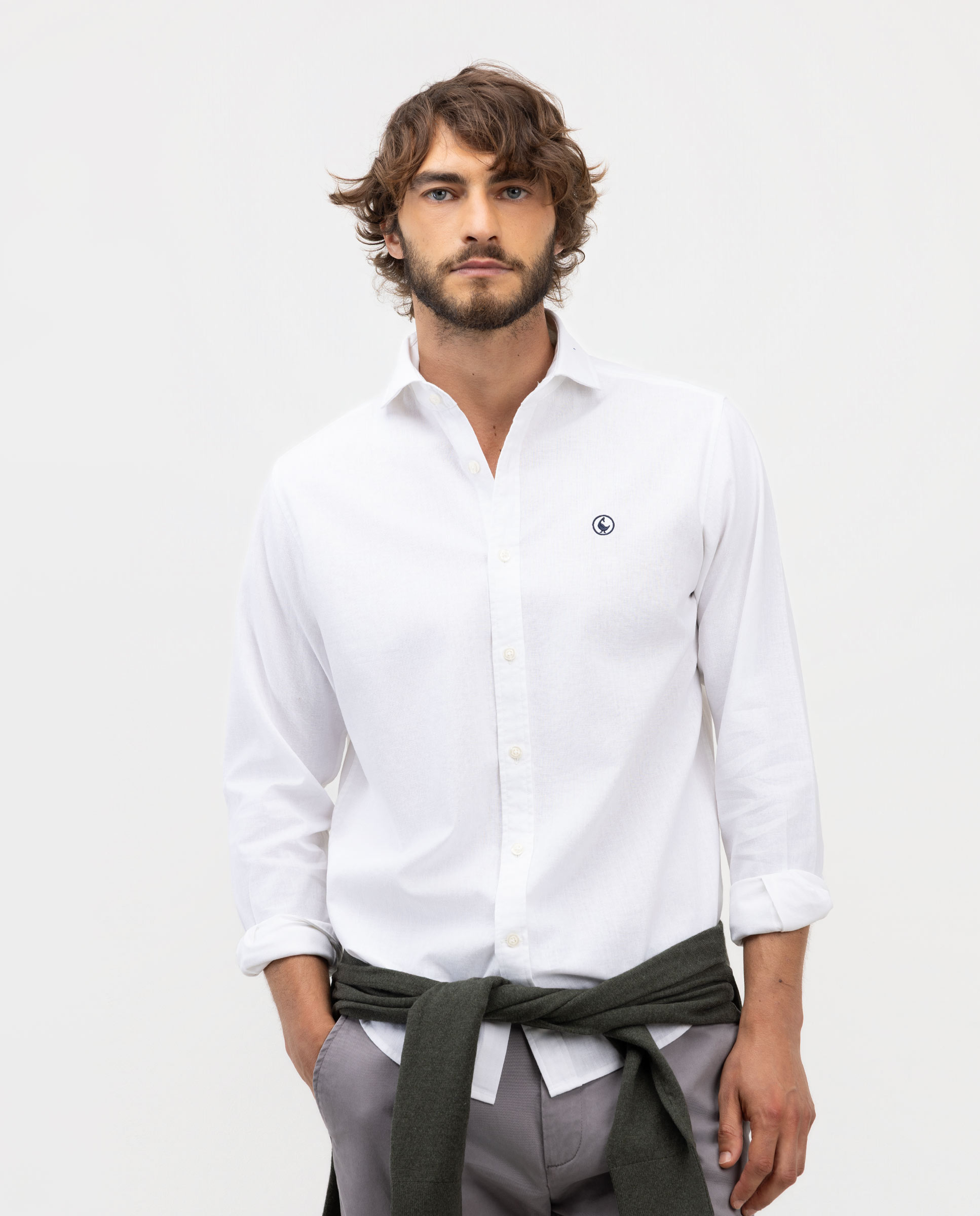 Camisa Lino Algodón Cuello Italiano Blanco