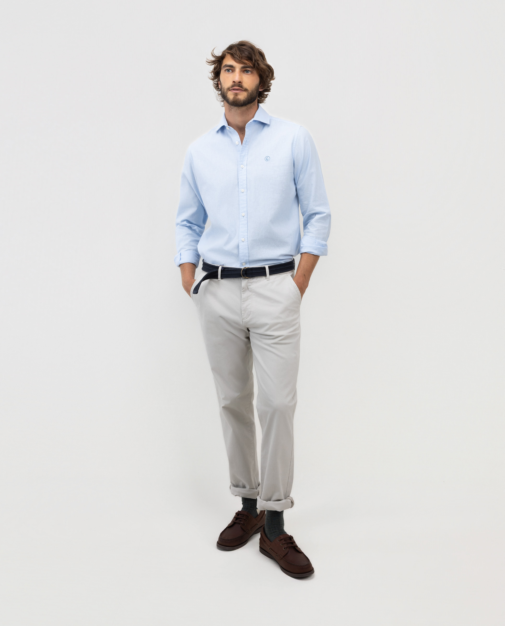 Camisa Lino Algodón Cuello Italiano Celeste