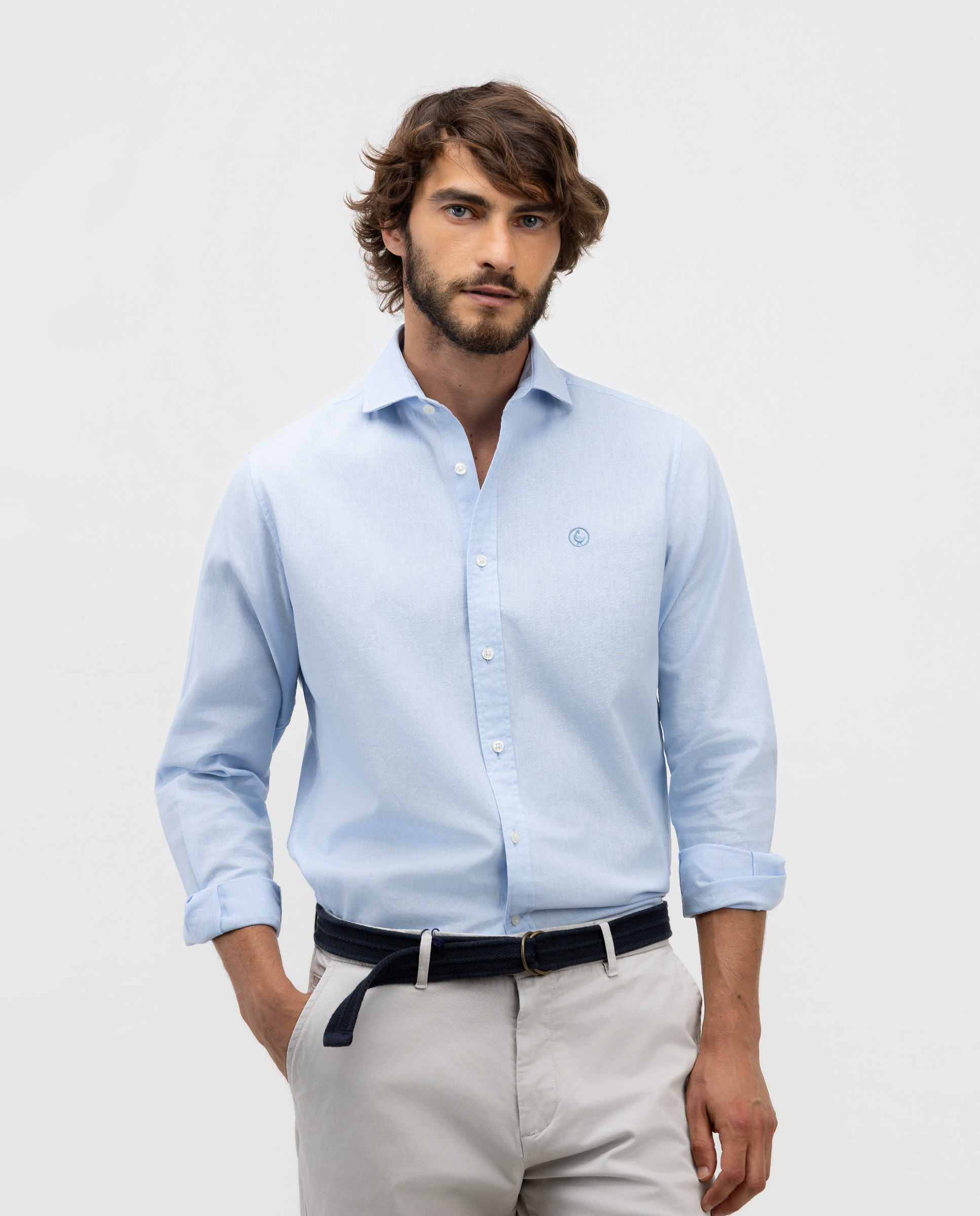 Light Blue Linen Cotton Shirt with Italian Collar