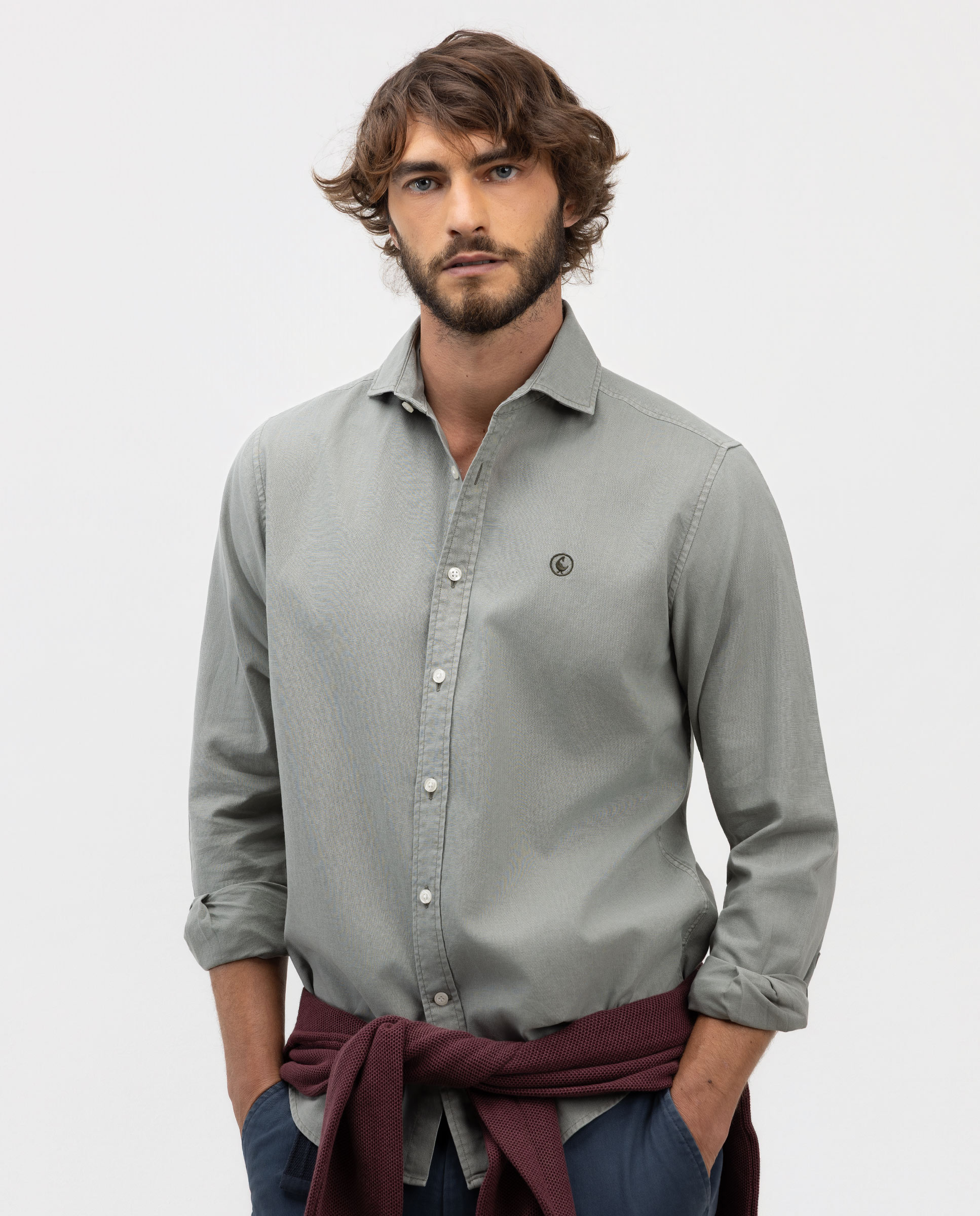 Camisa Lino Algodón Cuello Italiano Verde