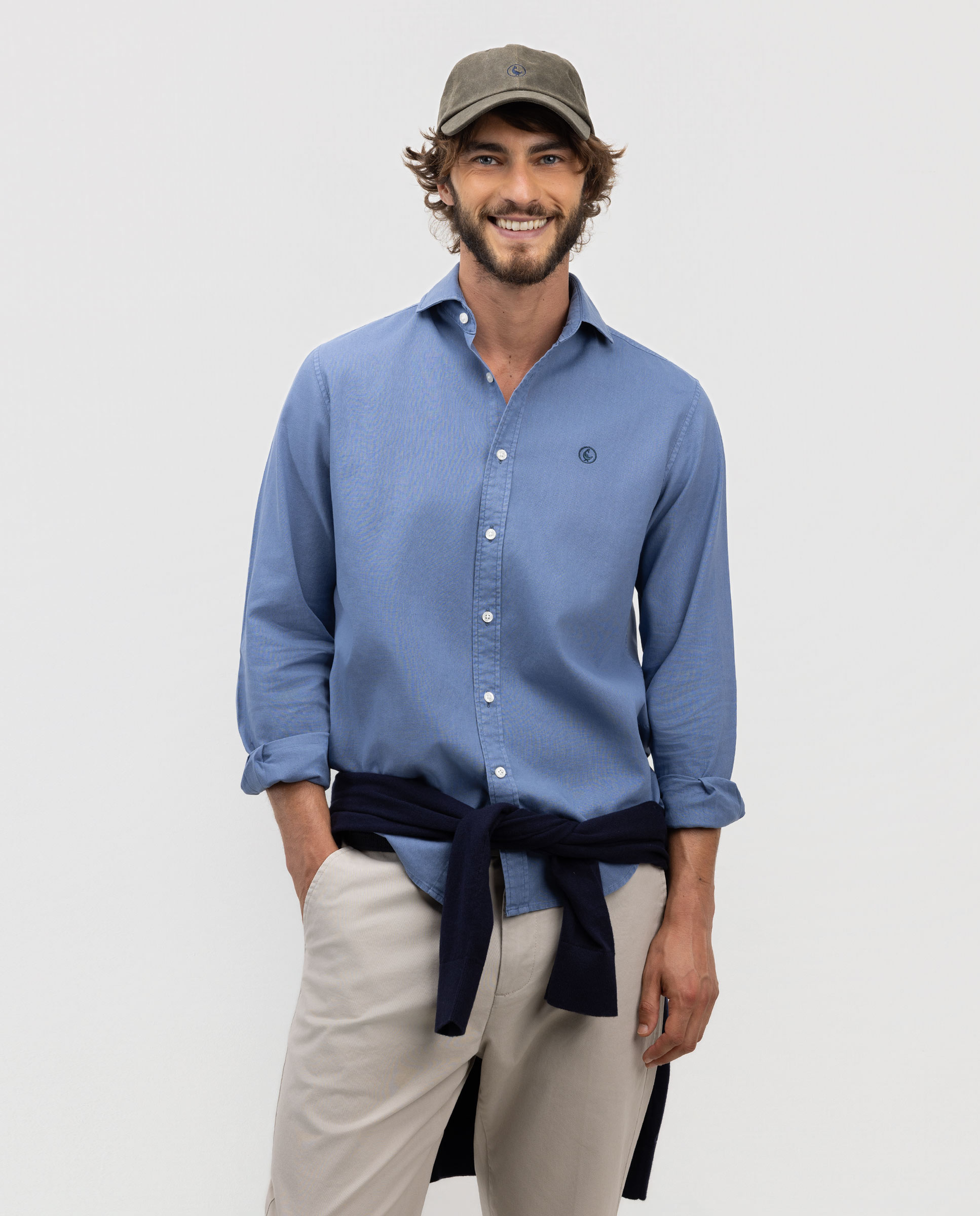 Camisa Lino Algodón Cuello Italiano Azul